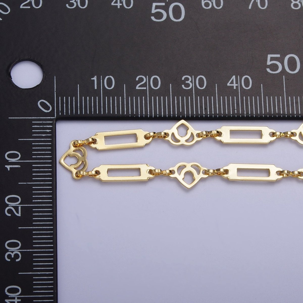 24K Gold Filled 6mm Designed Heart Open Bar Connector Bulk Unfinished Chain by Yard | ROLL-849 Clearance Pricing - DLUXCA