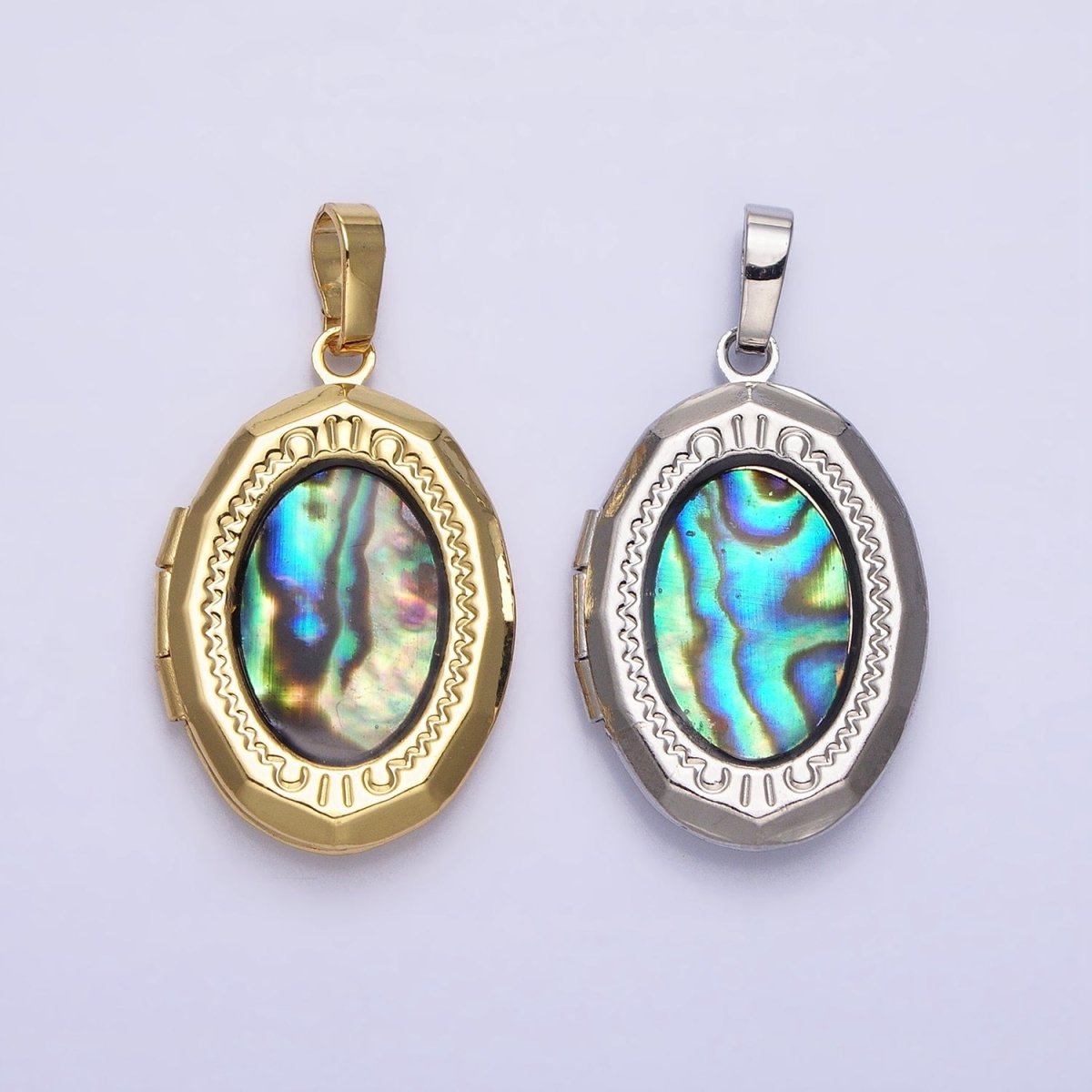 24K Gold Filled Abalone Oval Geometric Engraved Locket in Gold & Silver | AA-369 AA-370 - DLUXCA