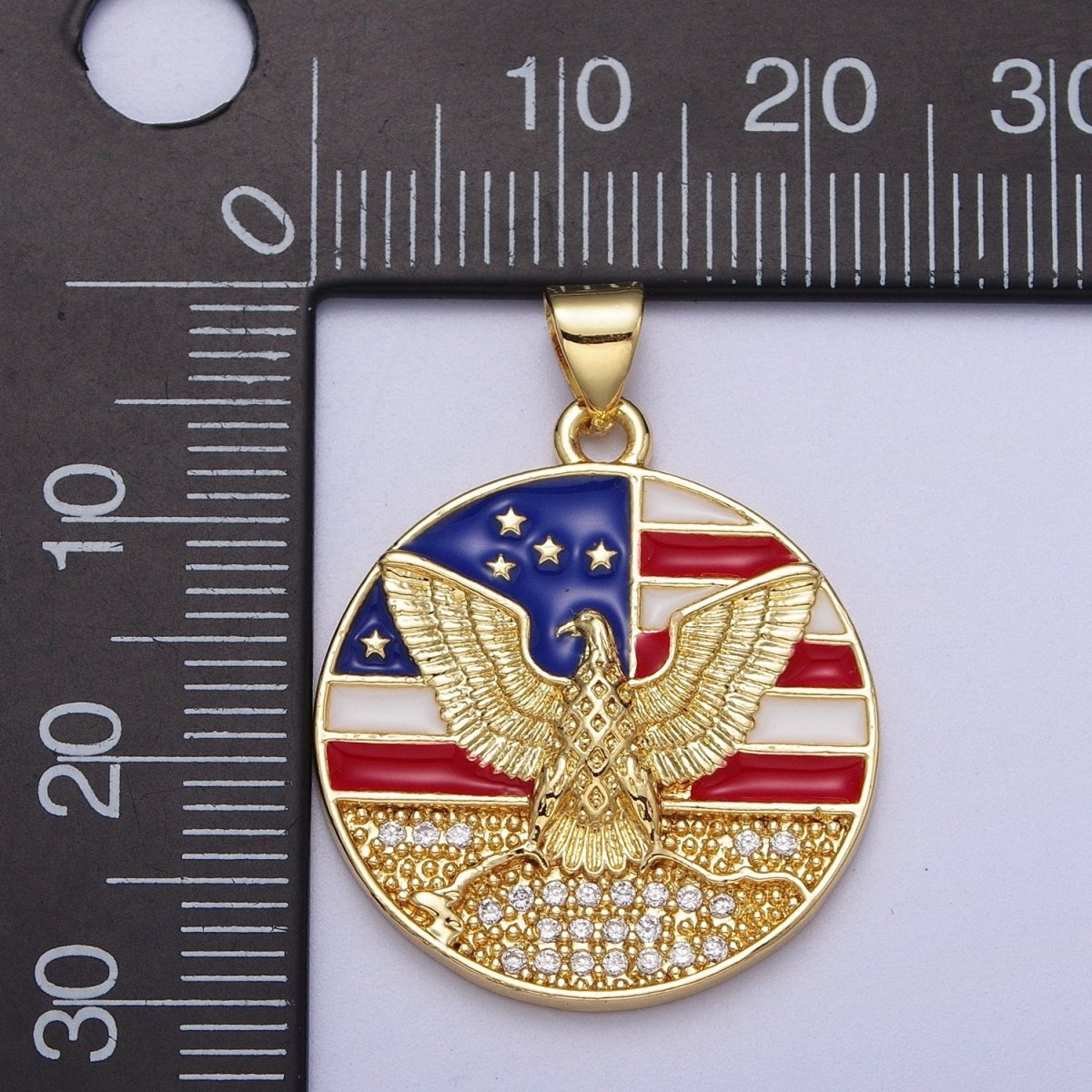 24K Gold Filled American Flag Enamel Flying Eagle Micro Paved Round Pendant I-273 - DLUXCA