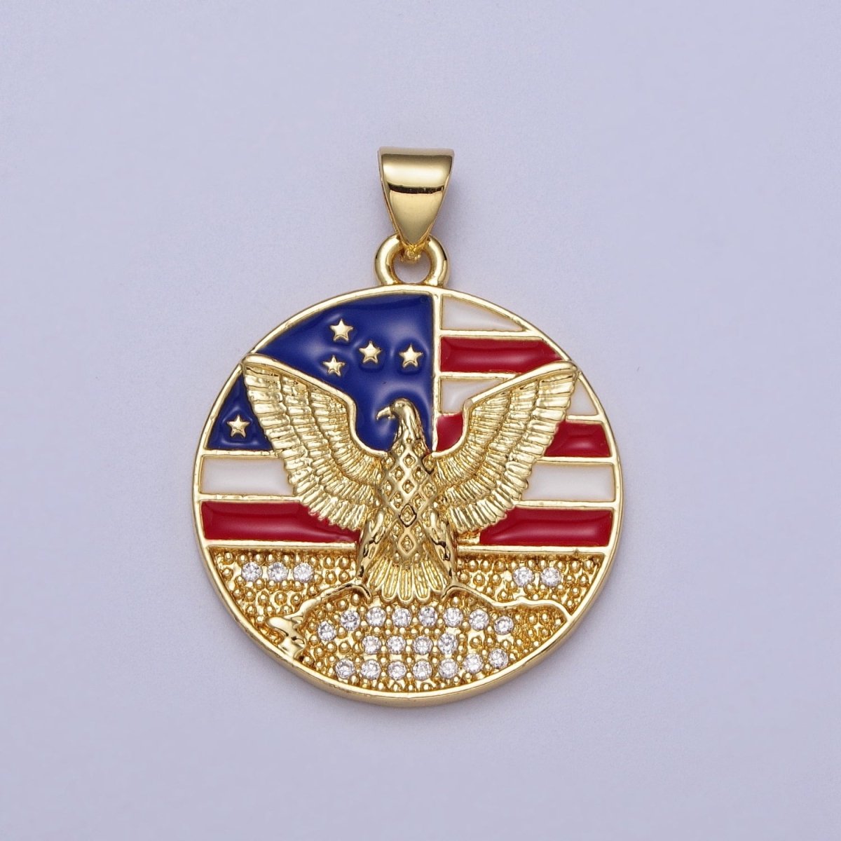 24K Gold Filled American Flag Enamel Flying Eagle Micro Paved Round Pendant I-273 - DLUXCA