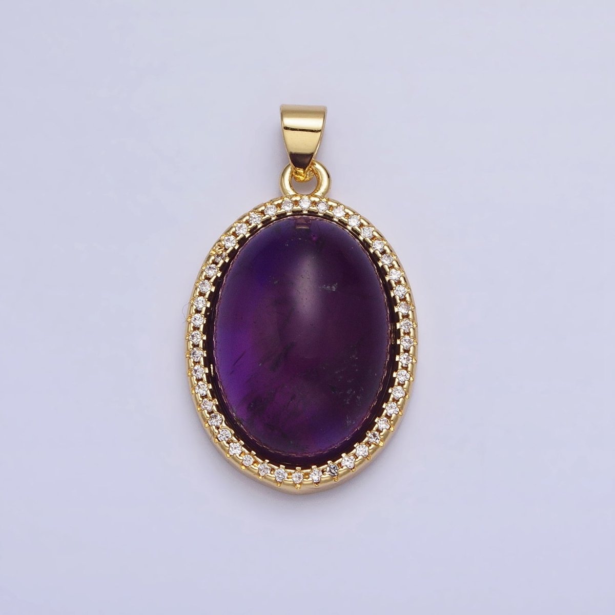 24K Gold Filled Amethyst, Rose Quartz Natural Gemstone Micro Paved CZ 22.5mm Oval Cabochon Pendant | AA184 AA341 - DLUXCA