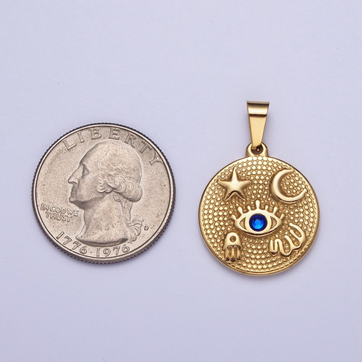 24k Gold Filled Amulet Pendant Lucky Coin with Evil Eye Moon Star Hamsa Hand Charm X-651 - DLUXCA