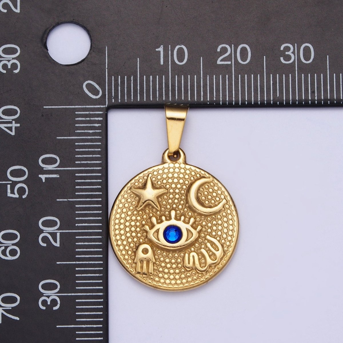 24k Gold Filled Amulet Pendant Lucky Coin with Evil Eye Moon Star Hamsa Hand Charm X-651 - DLUXCA