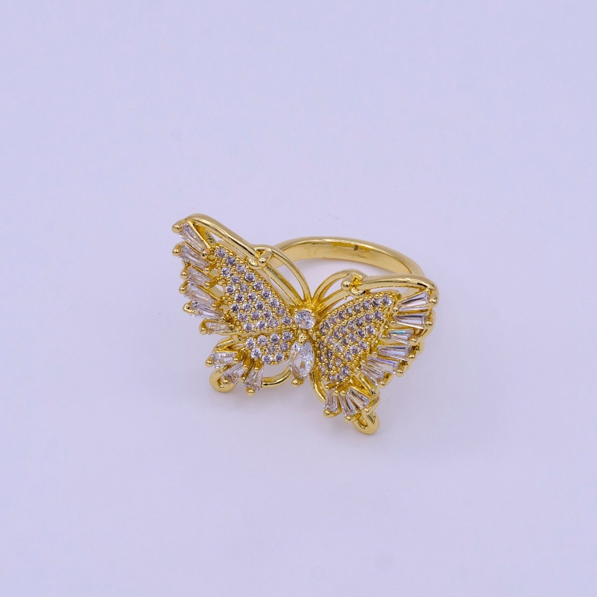 24K Gold Filled Antenna Monarch Butterfly Marquise Baguette Micro Paved Wings Ring | O-004 - DLUXCA