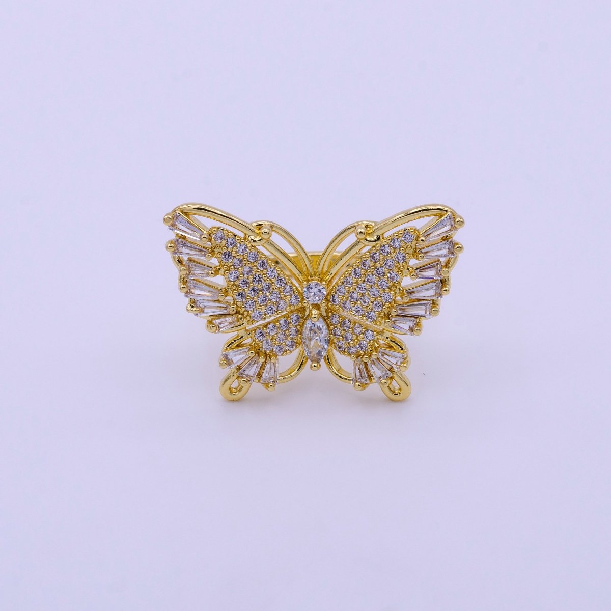 24K Gold Filled Antenna Monarch Butterfly Marquise Baguette Micro Paved Wings Ring | O-004 - DLUXCA