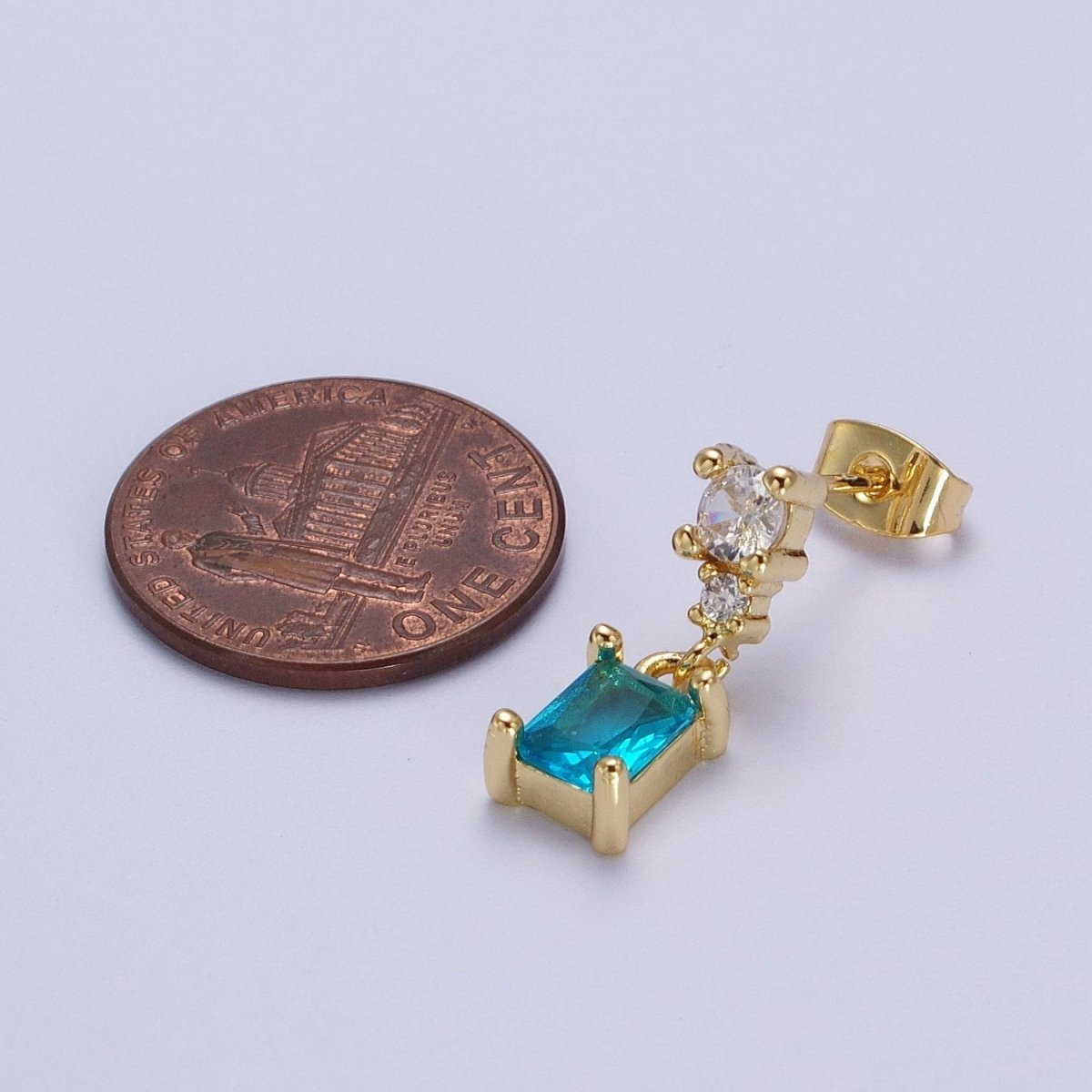 24K Gold Filled Aqua Blue Baguette Cubic Zirconia Dangle Drop Stud Earrings | Y-119 - DLUXCA
