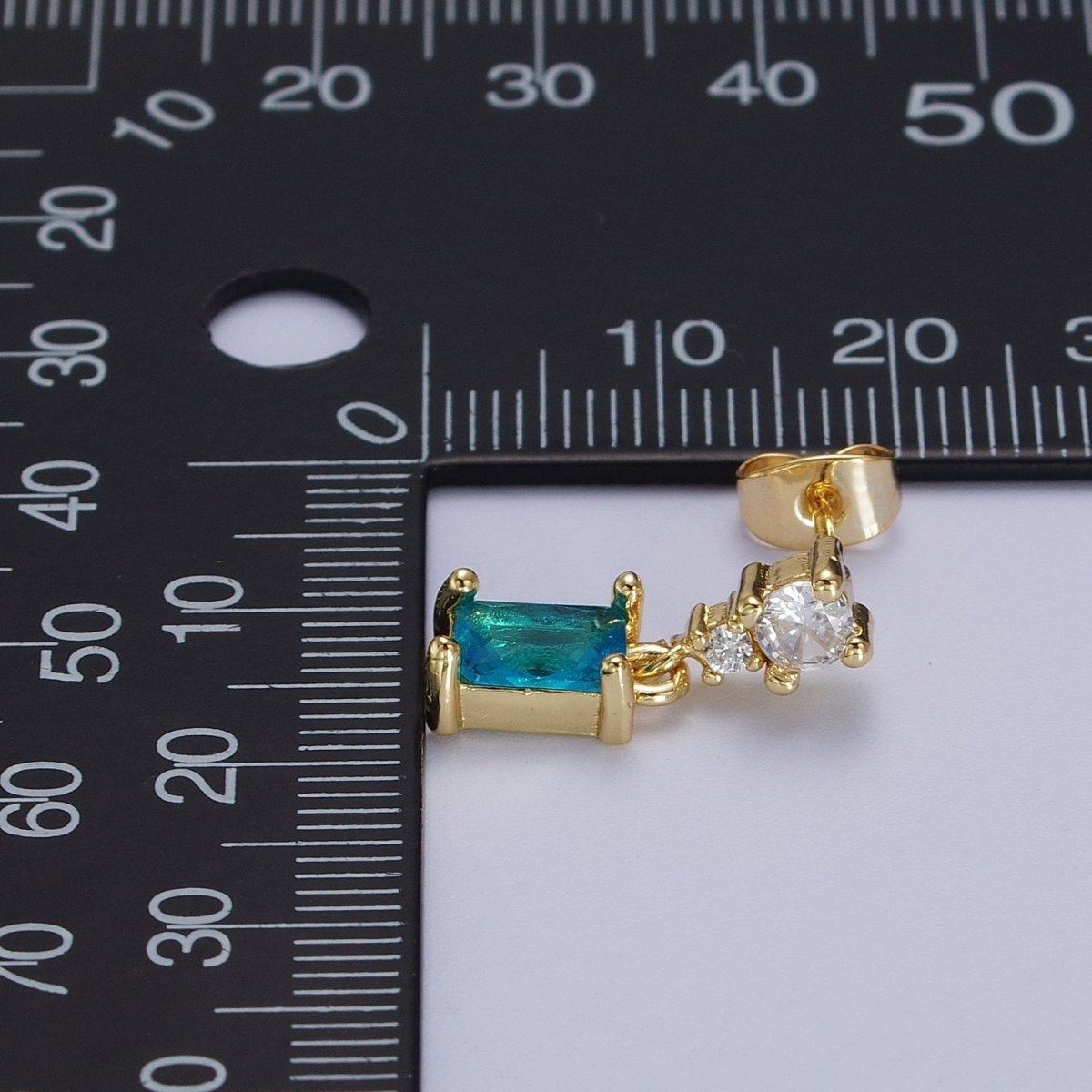24K Gold Filled Aqua Blue Baguette Cubic Zirconia Dangle Drop Stud Earrings | Y-119 - DLUXCA
