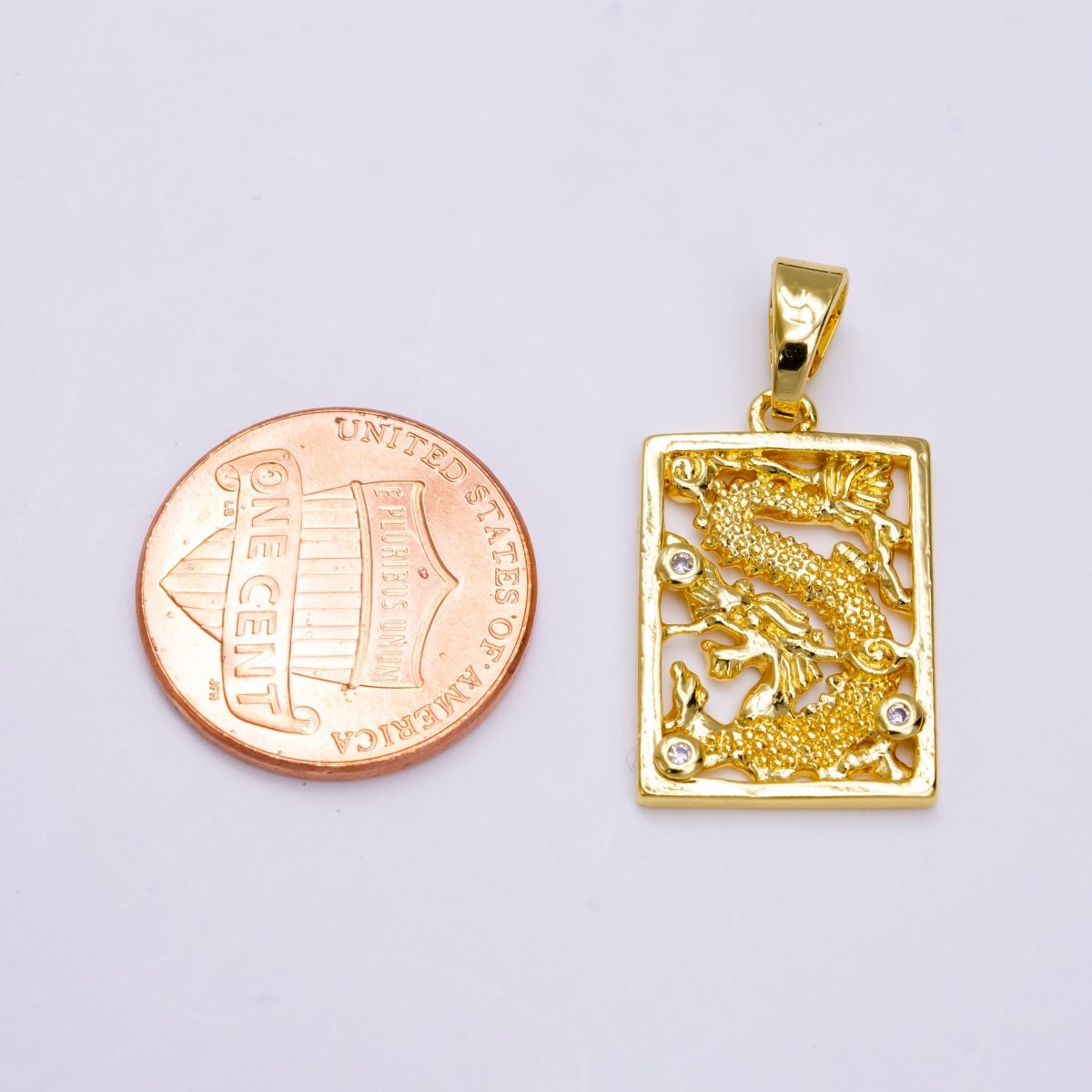 24K Gold Filled Asian Dragon Triple Clear CZ Open Rectangular Framed Tag Pendant | AA778 - DLUXCA