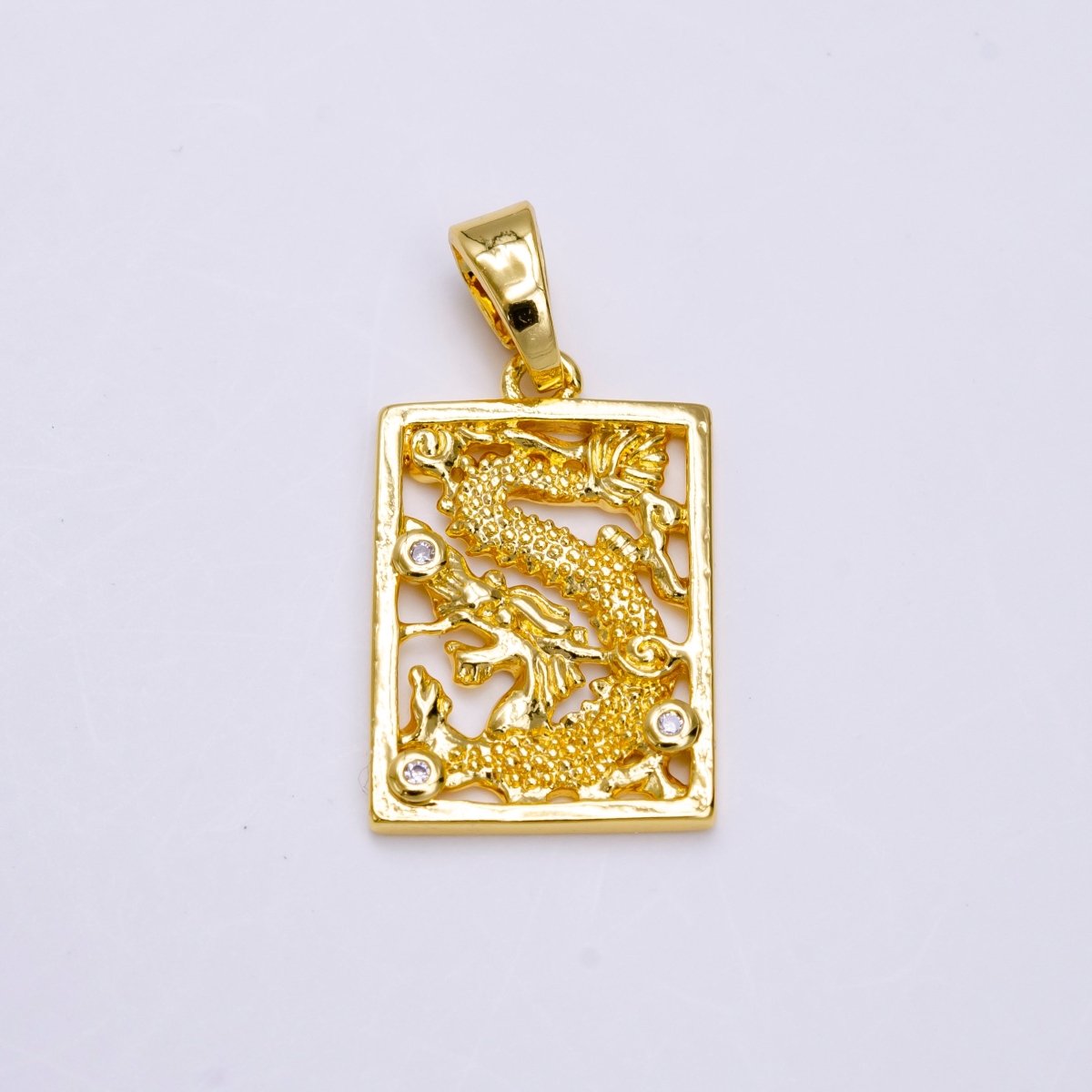 24K Gold Filled Asian Dragon Triple Clear CZ Open Rectangular Framed Tag Pendant | AA778 - DLUXCA