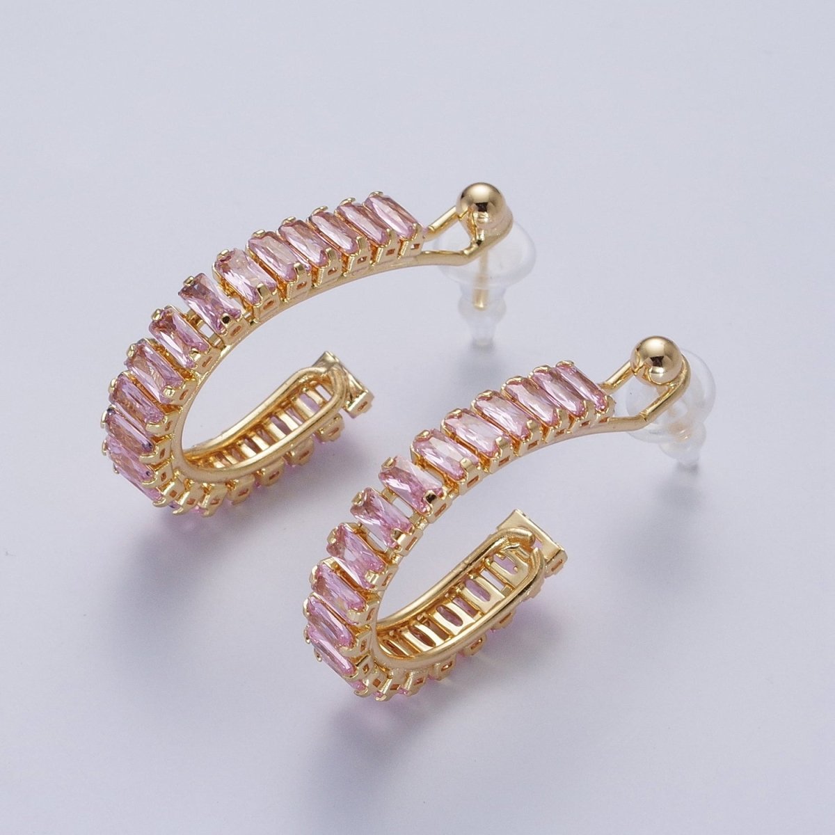 24K Gold Filled Baguette Cubic Zirconia C Shaped Open Hoop Studs Earrings Q-080 Q-091 Q-111 Q-125 Q-126 Q-127 Q-128 Q-130 - DLUXCA