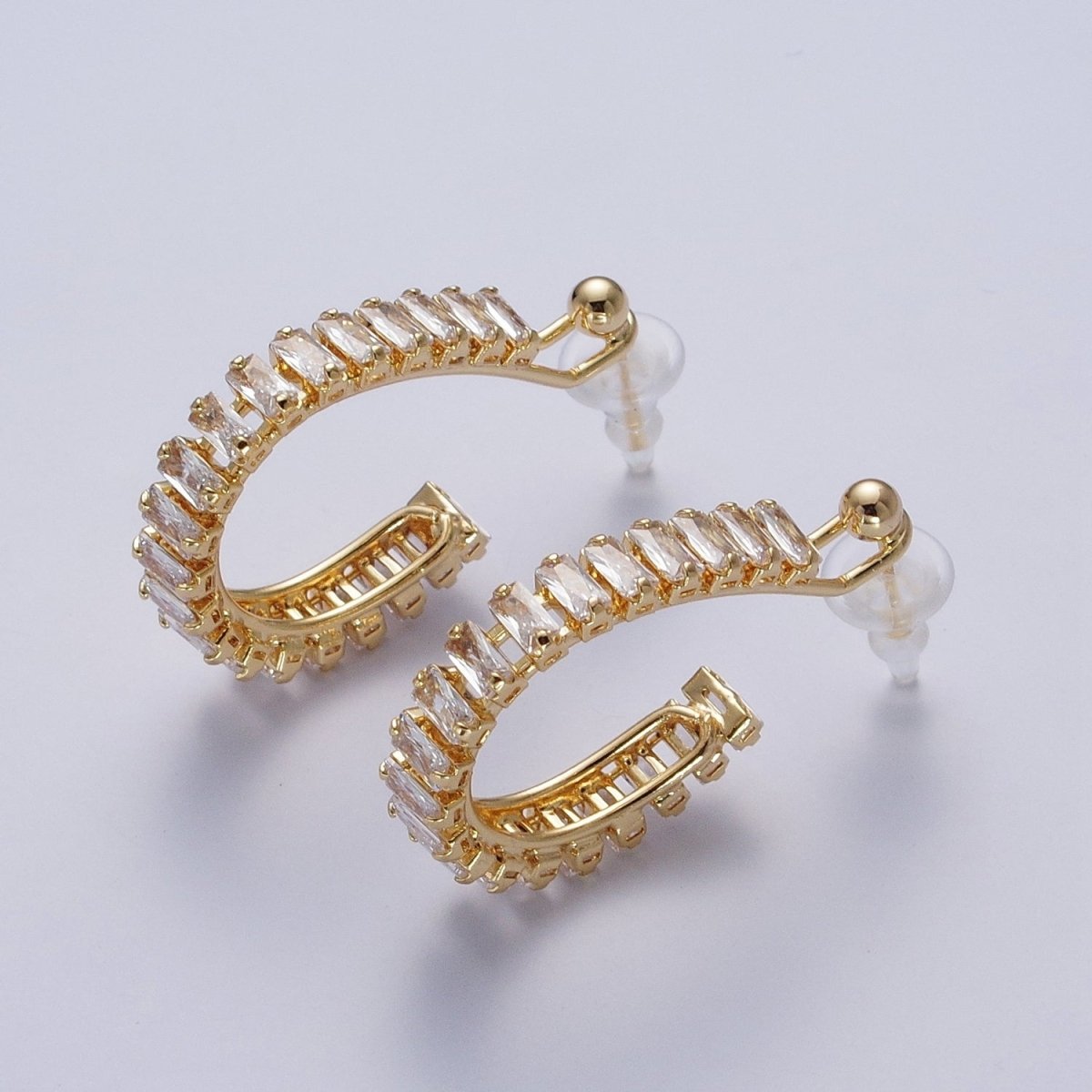 24K Gold Filled Baguette Cubic Zirconia C Shaped Open Hoop Studs Earrings Q-080 Q-091 Q-111 Q-125 Q-126 Q-127 Q-128 Q-130 - DLUXCA