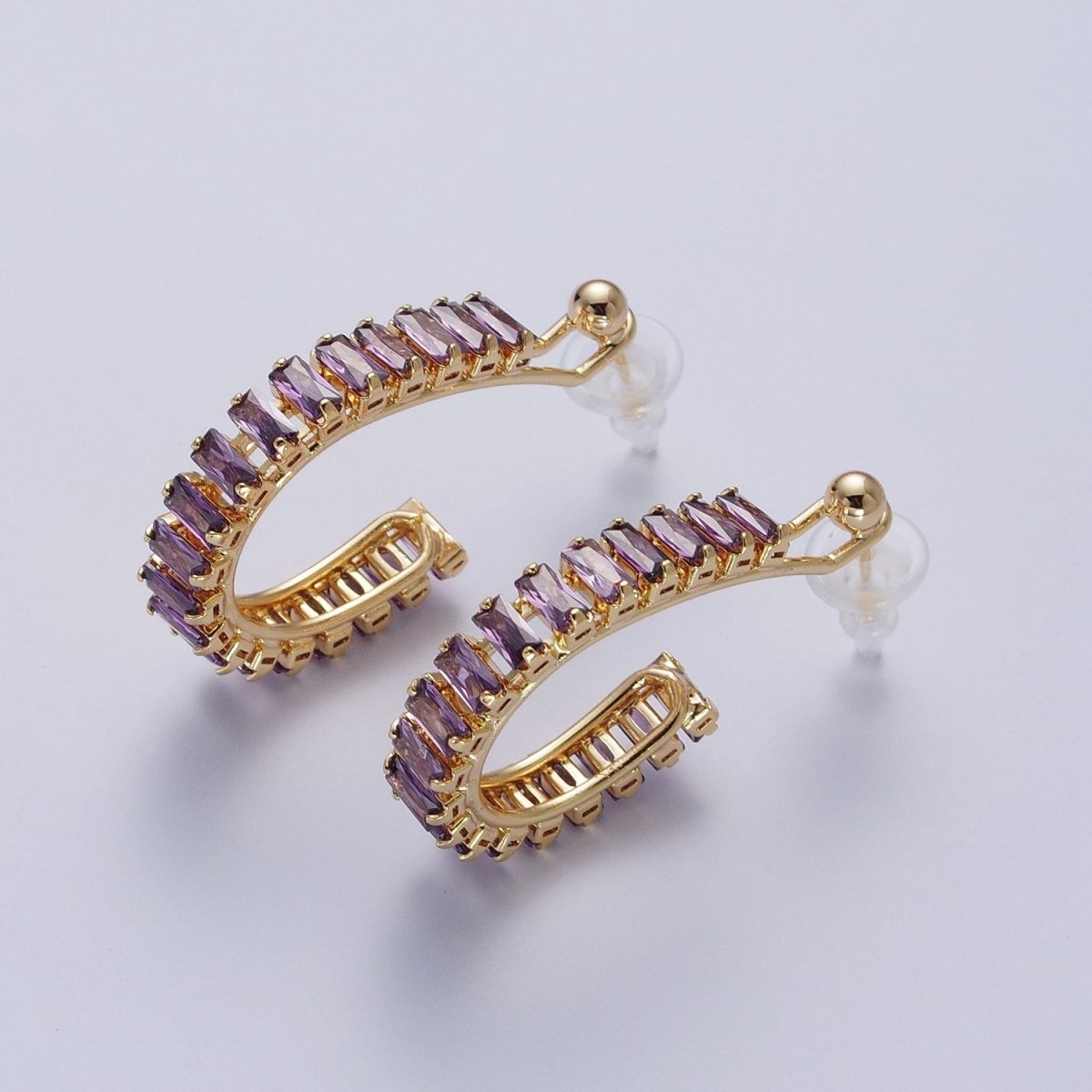 24K Gold Filled Baguette Cubic Zirconia C Shaped Open Hoop Studs Earrings Q-080 Q-091 Q-111 Q-125 Q-126 Q-127 Q-128 Q-130 - DLUXCA