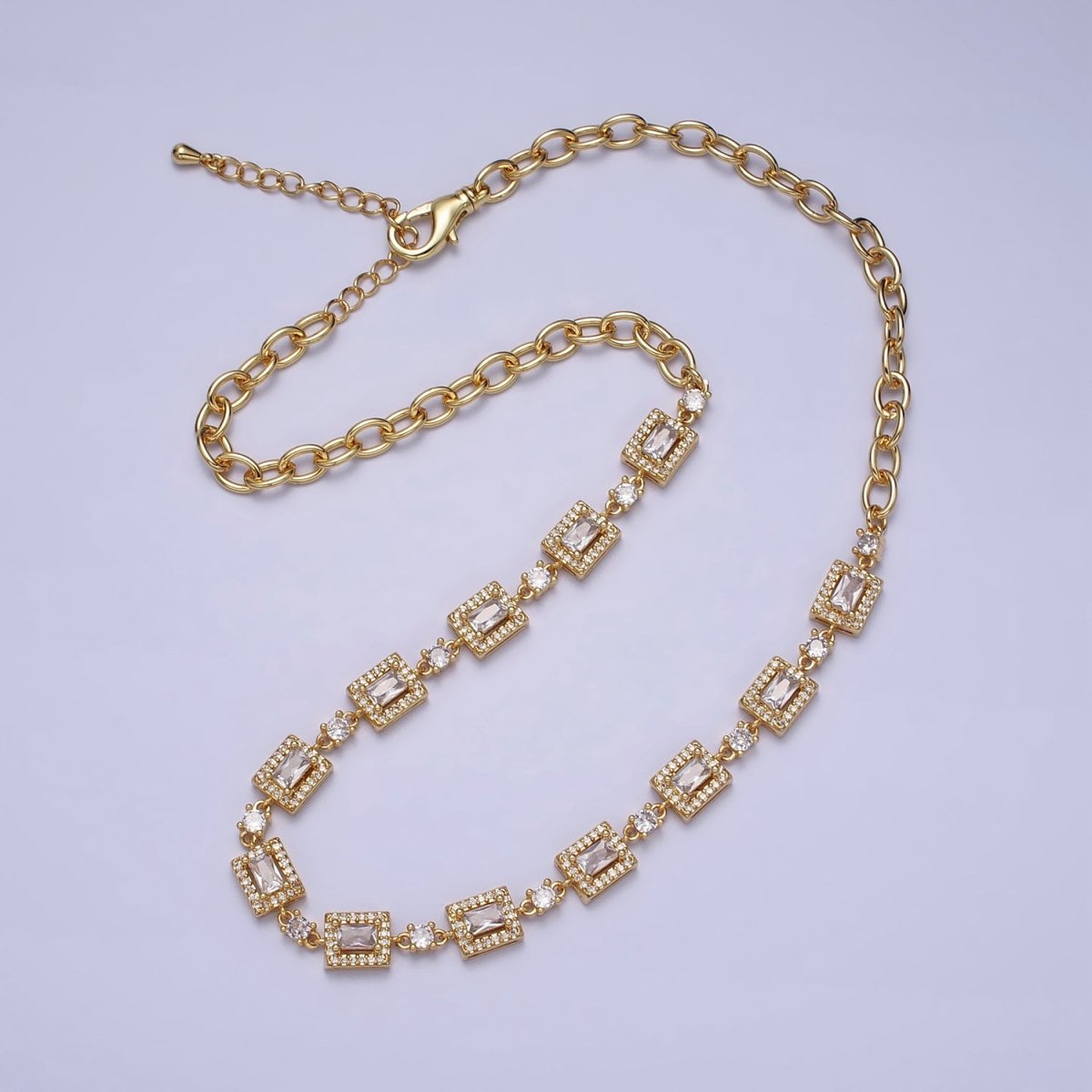 24k Gold Filled Baguette Micro Paved Round CZ Cable Link 17 Inch Chain Necklace in Silver & Gold | WA-1610 WA-1615 Clearance Pricing - DLUXCA