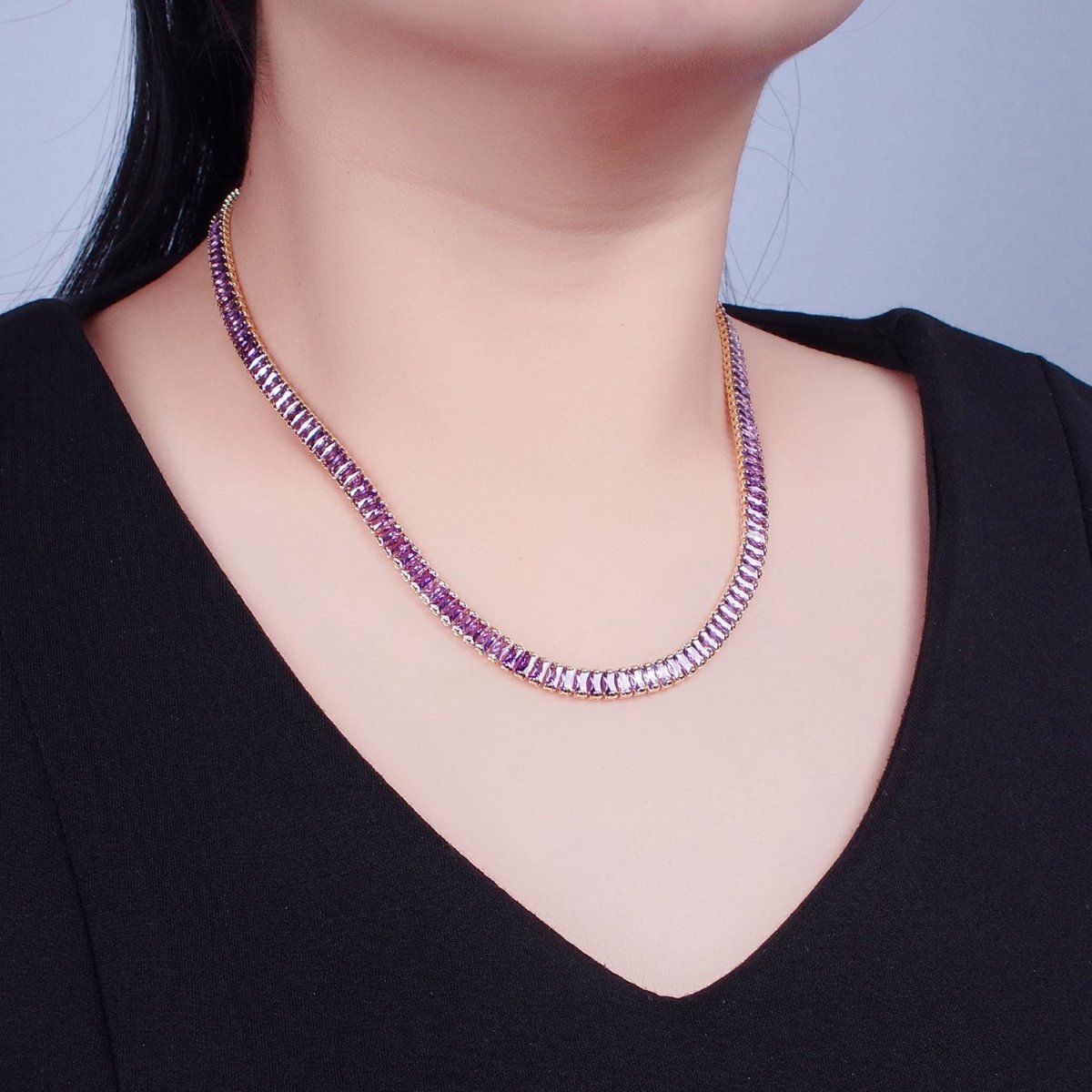 24K Gold Filled Baguette Tennis Chain Necklace, Purple Amethyst Cubic Zirconia Choker Necklace For Jewelry Making | WA-671 Clearance Pricing - DLUXCA