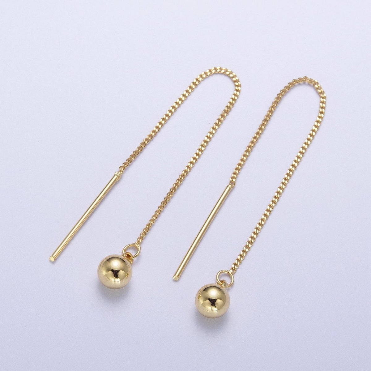 24K Gold Filled Bead Ball Charm Curb Chain Threader Womens Earrings | Y-039 - DLUXCA