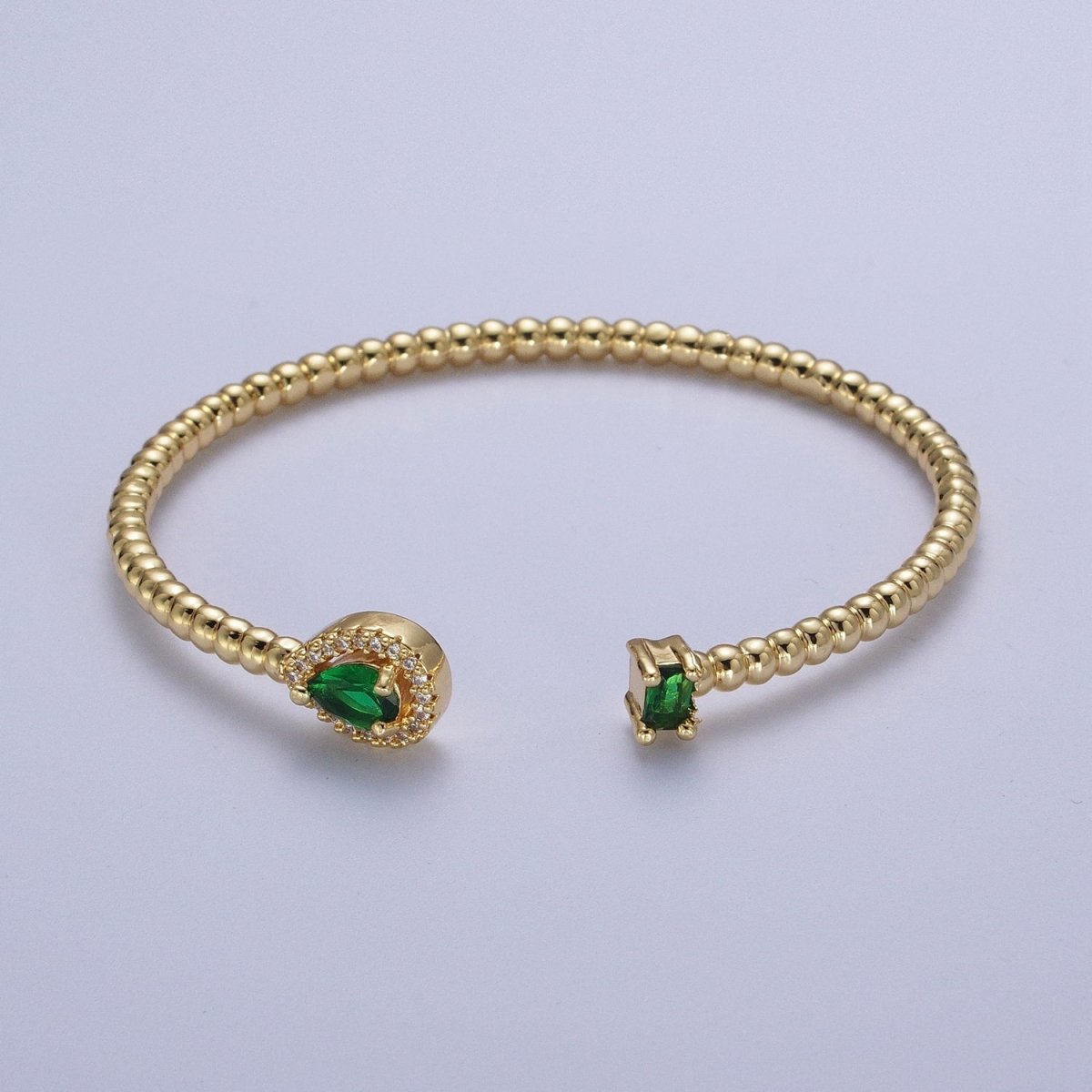 24K Gold Filled Beaded Green, Clear, Fuchsia Teardrop Baguette Cubic Zirconia Bangle Bracelet | WA-1170 WA-1171 WA-1172 Clearance Pricing - DLUXCA