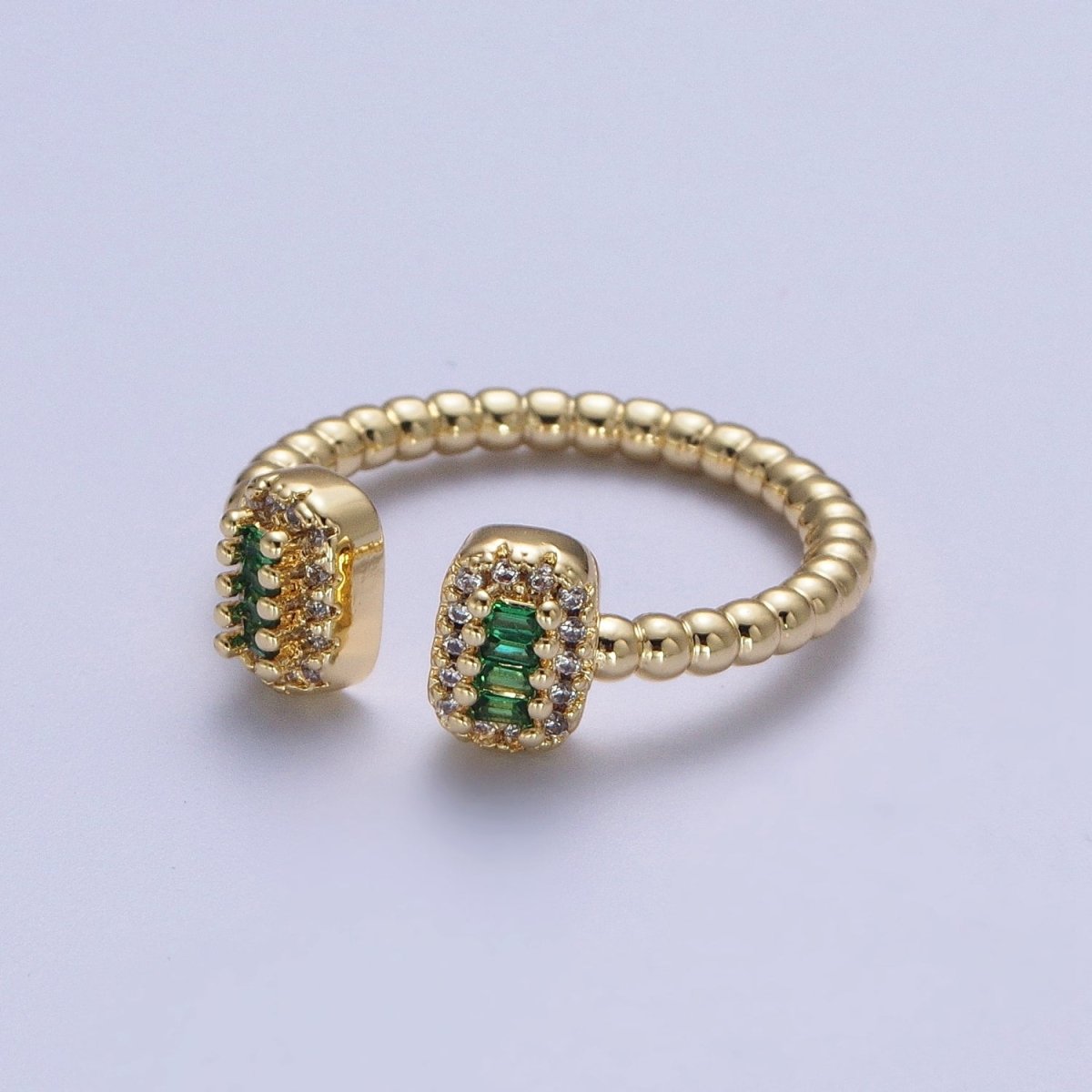 24K Gold Filled Beaded Micro Paved Double Bar Clear Fuchsia Green Baguette Cubic Zirconia Ring | O-135 O-191 O-211 - DLUXCA