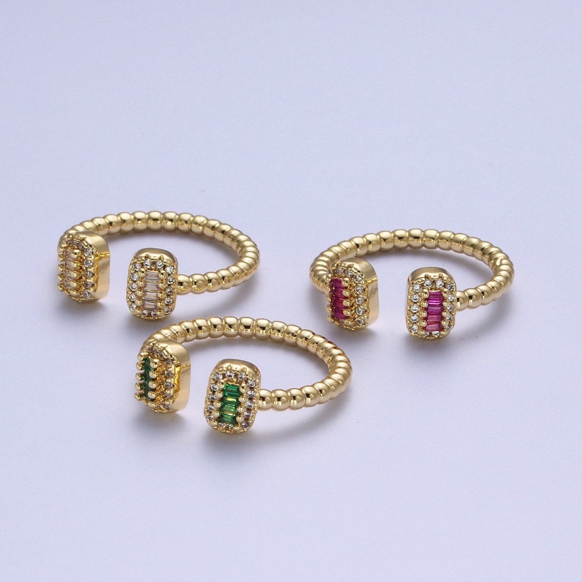 24K Gold Filled Beaded Micro Paved Double Bar Clear Fuchsia Green Baguette Cubic Zirconia Ring | O-135 O-191 O-211 - DLUXCA