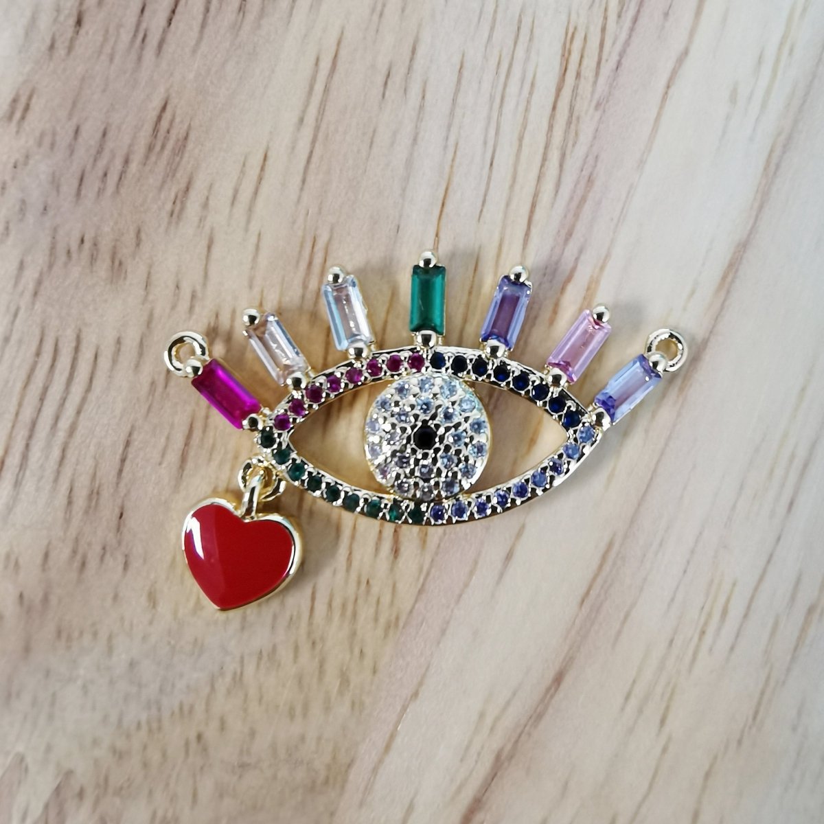 24K Gold Filled Beautiful Rainbow Evil Eye Connector Micro Pave CZ DIY Red Heart Enamel Love Charm Necklace Bracelet Findings F-421 - DLUXCA