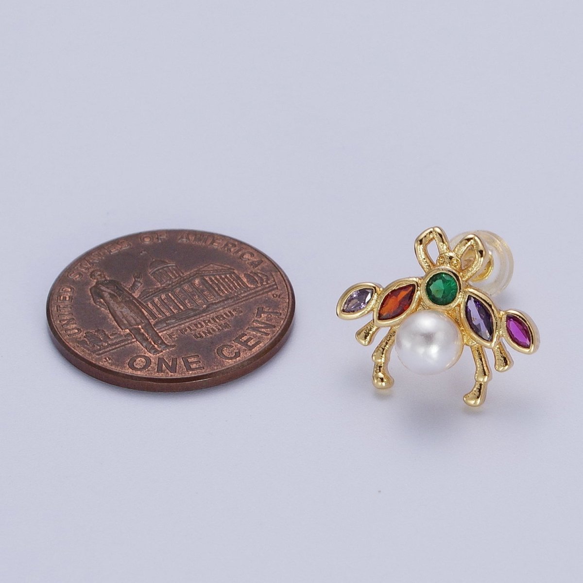 24K Gold Filled Bee Insect Multicolor CZ Marquise Round White Pearl Stud Earrings | Y-230 - DLUXCA