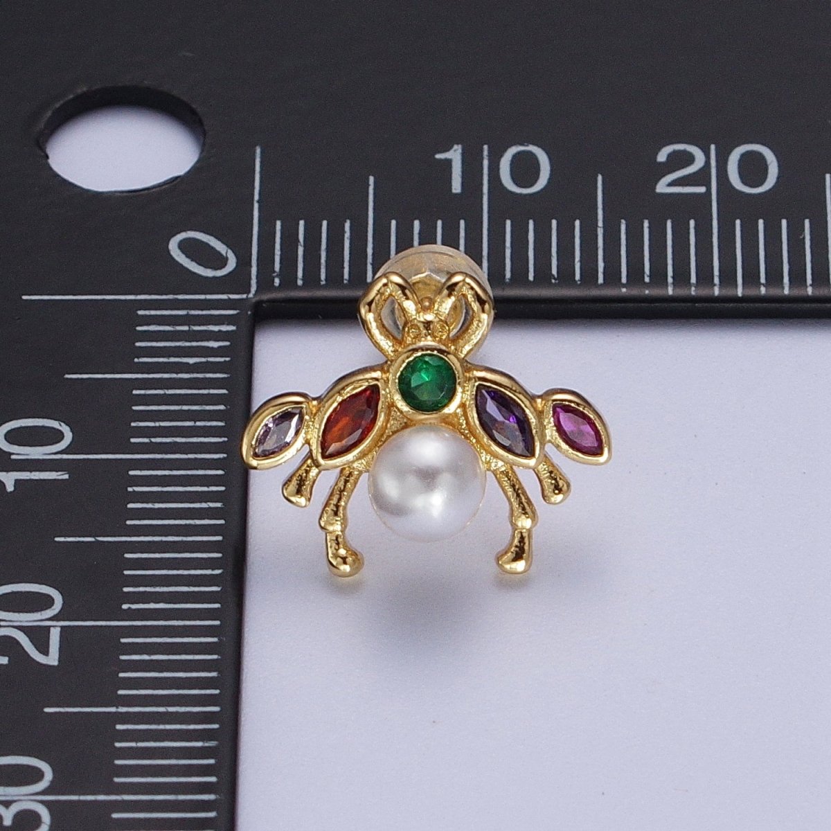 24K Gold Filled Bee Insect Multicolor CZ Marquise Round White Pearl Stud Earrings | Y-230 - DLUXCA