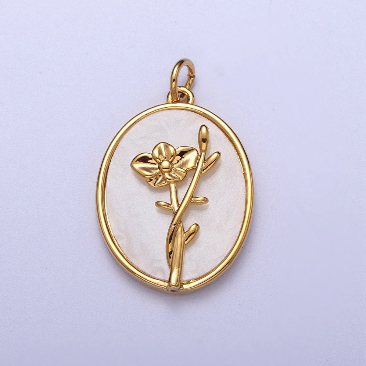 24K Gold Filled Birth Flower Personalized Oval Shell Pearl Charm | D-582 D-605 D-606 D-616 D-619 D-661 D-706 D-765 D-784 D-791 D-888 D-897 - DLUXCA