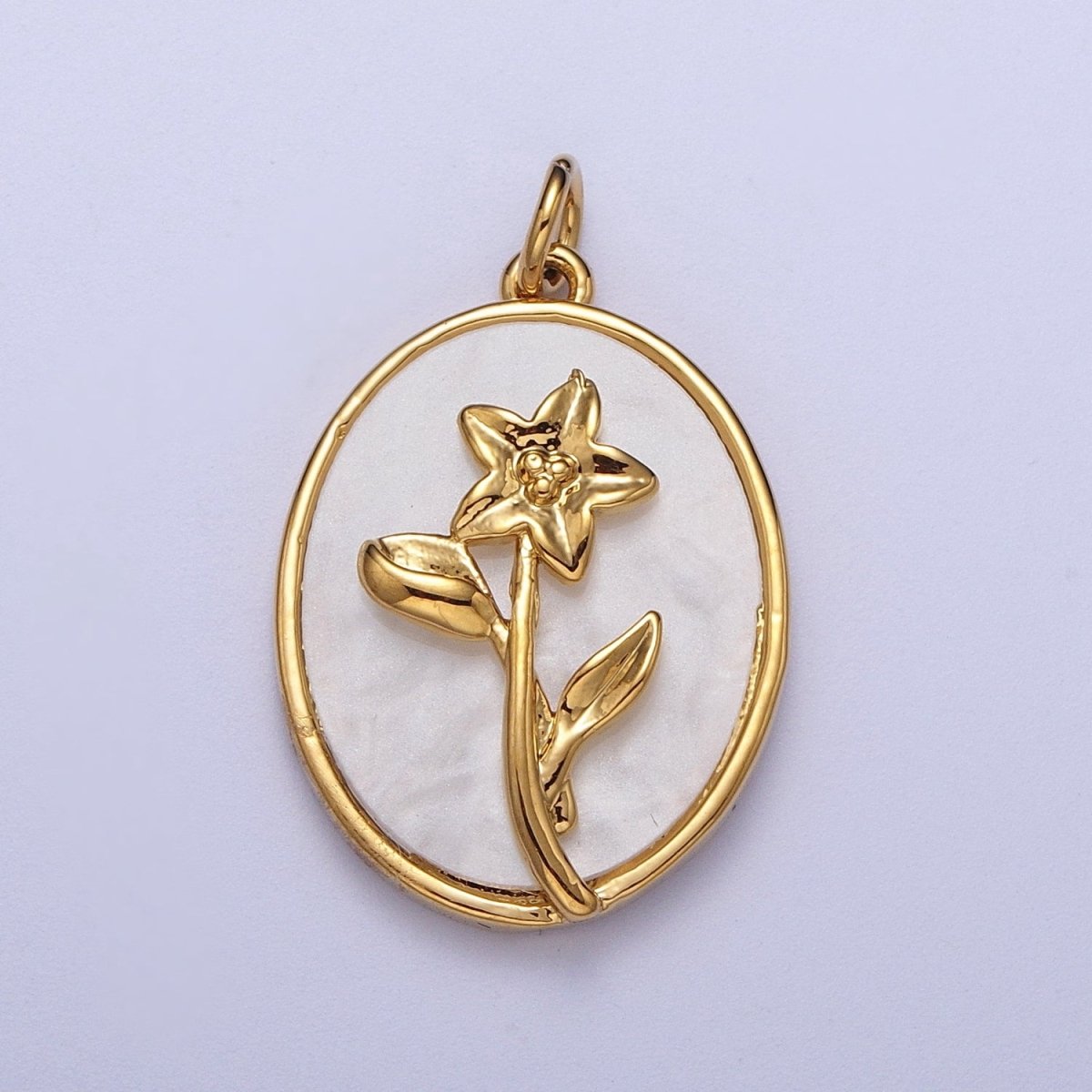 24K Gold Filled Birth Flower Personalized Oval Shell Pearl Charm | D-582 D-605 D-606 D-616 D-619 D-661 D-706 D-765 D-784 D-791 D-888 D-897 - DLUXCA