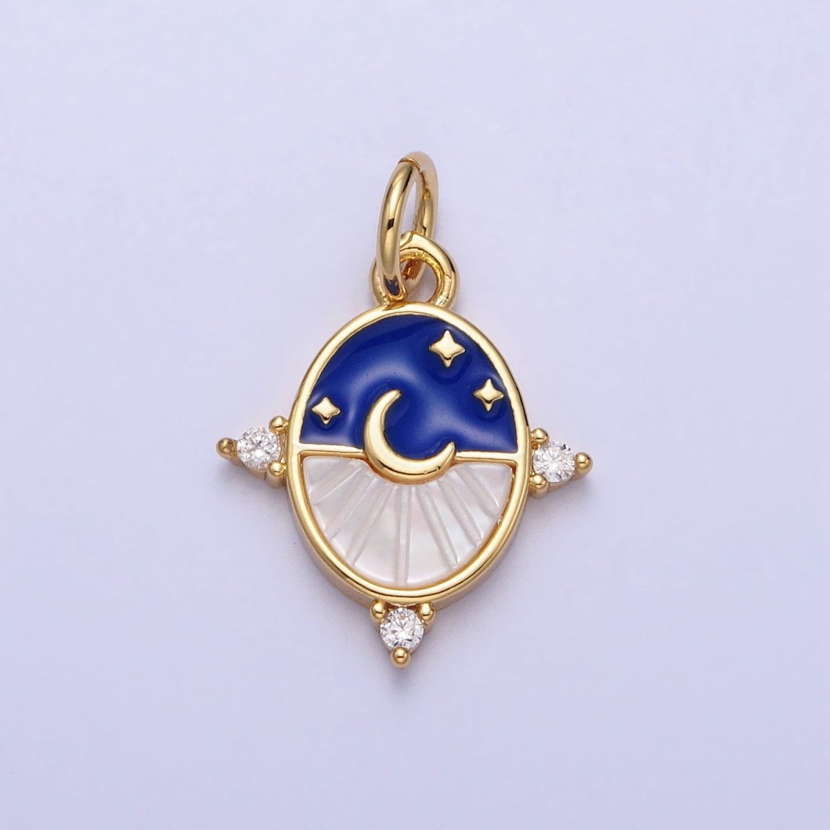 24K Gold Filled Black, Blue Enamel Shell Pearl Crescent Moon CZ Oval Celestial Charm in Silver & Gold | AC381 - AC384 - DLUXCA