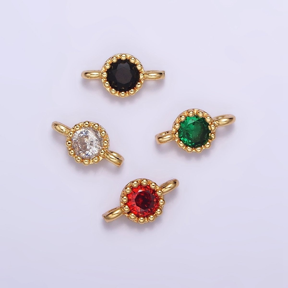 24K Gold Filled Black, Clear, Green, Red Round CZ 7.5mm Beaded Connector | Y-765 ~ Y-768 - DLUXCA