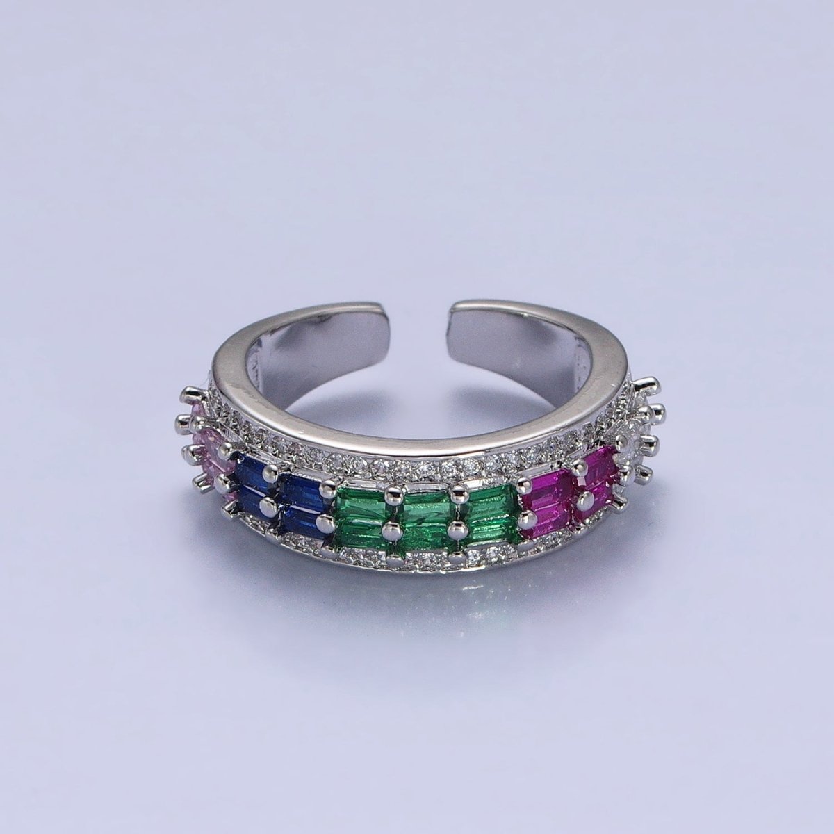 24K Gold Filled Black, Pink, Blue, Clear, Green, Fuchsia, Multicolor Baguette Micro Paved CZ Lined Ring in Gold & Silver | O-1821~O-1834 - DLUXCA