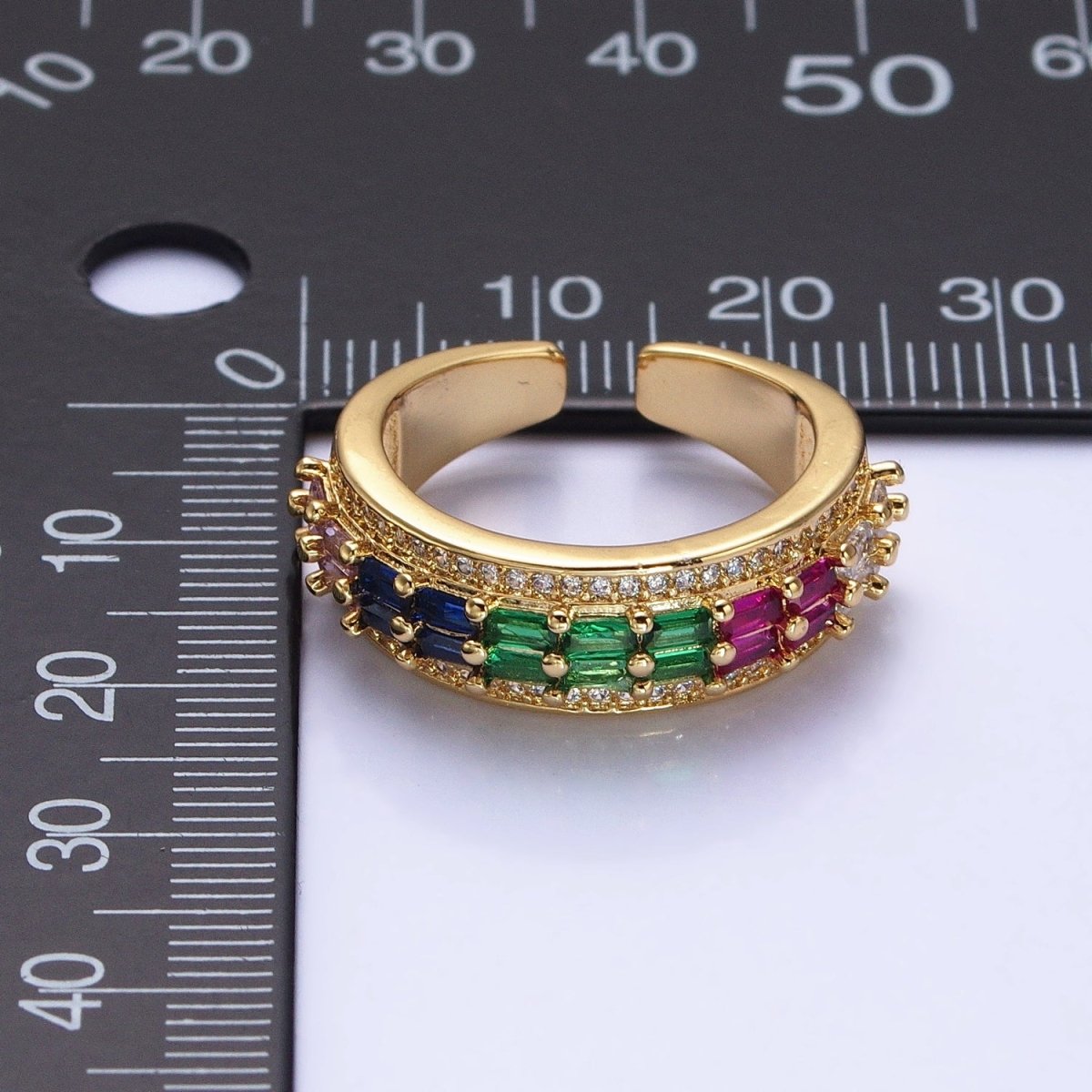 24K Gold Filled Black, Pink, Blue, Clear, Green, Fuchsia, Multicolor Baguette Micro Paved CZ Lined Ring in Gold & Silver | O-1821~O-1834 - DLUXCA