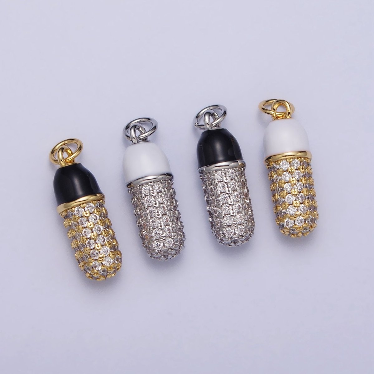 24K Gold Filled Black, White Enamel Micro Paved CZ Pill Oblong Add-On Charm in Silver & Gold | AC402 - AC405 - DLUXCA