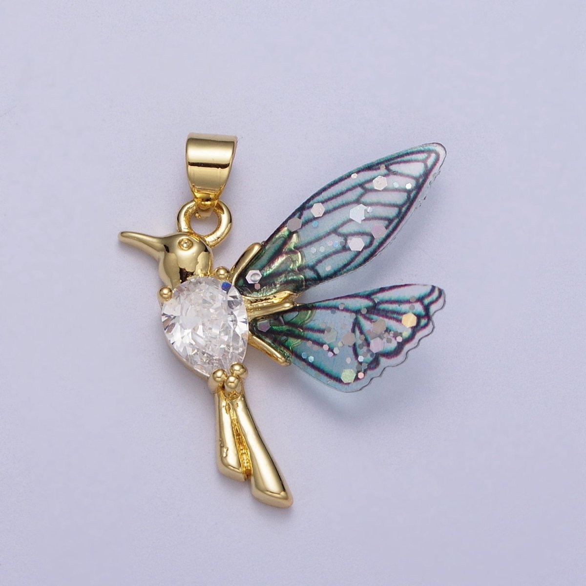 24K Gold Filled Blue, Fuchsia Hummingbird Fairy Wings Teardrop CZ Pendant I-094 I-152 - DLUXCA