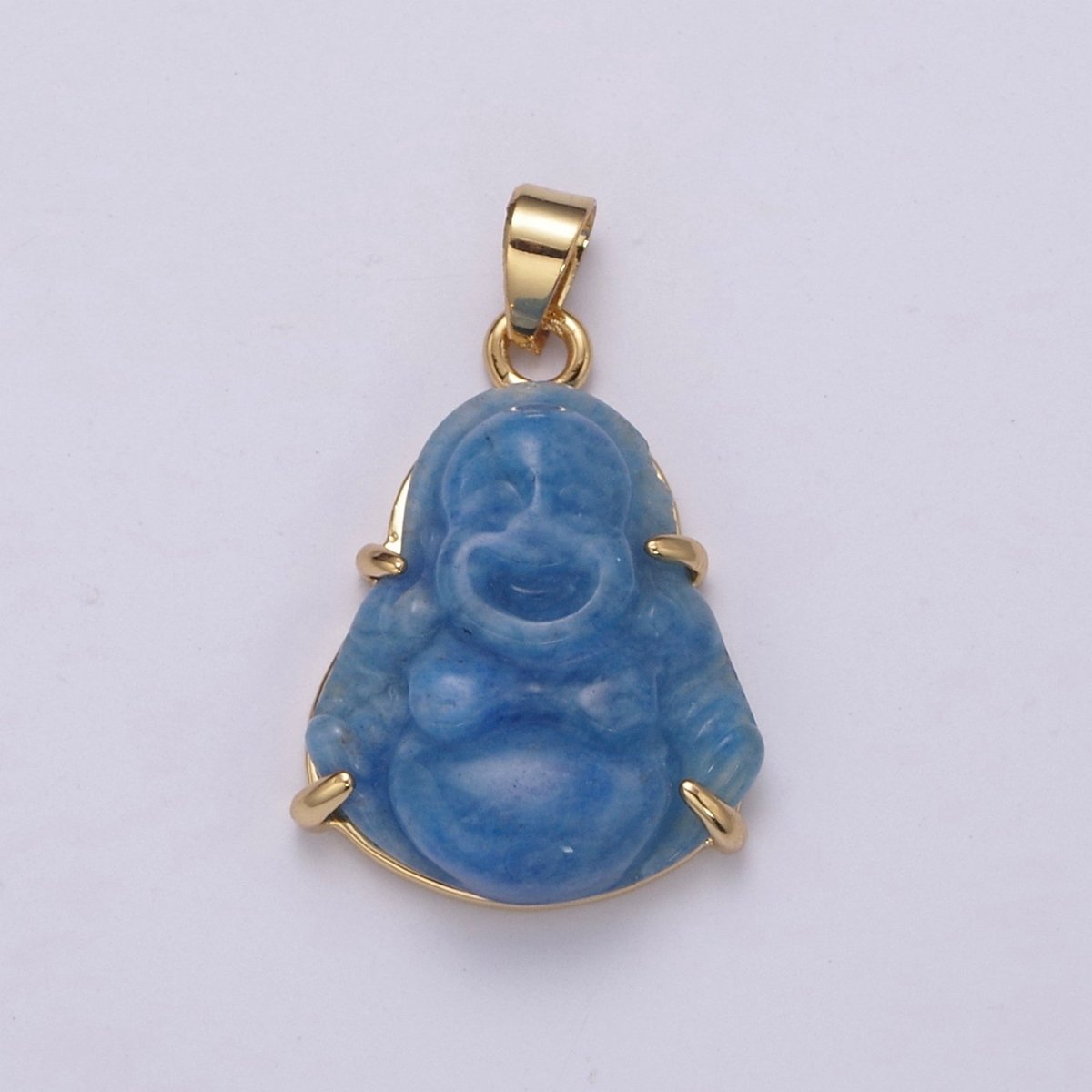 24K Gold Filled Blue Genuine Jade Laughing Buddha Pendant For Jewelry Making | O-263 - DLUXCA