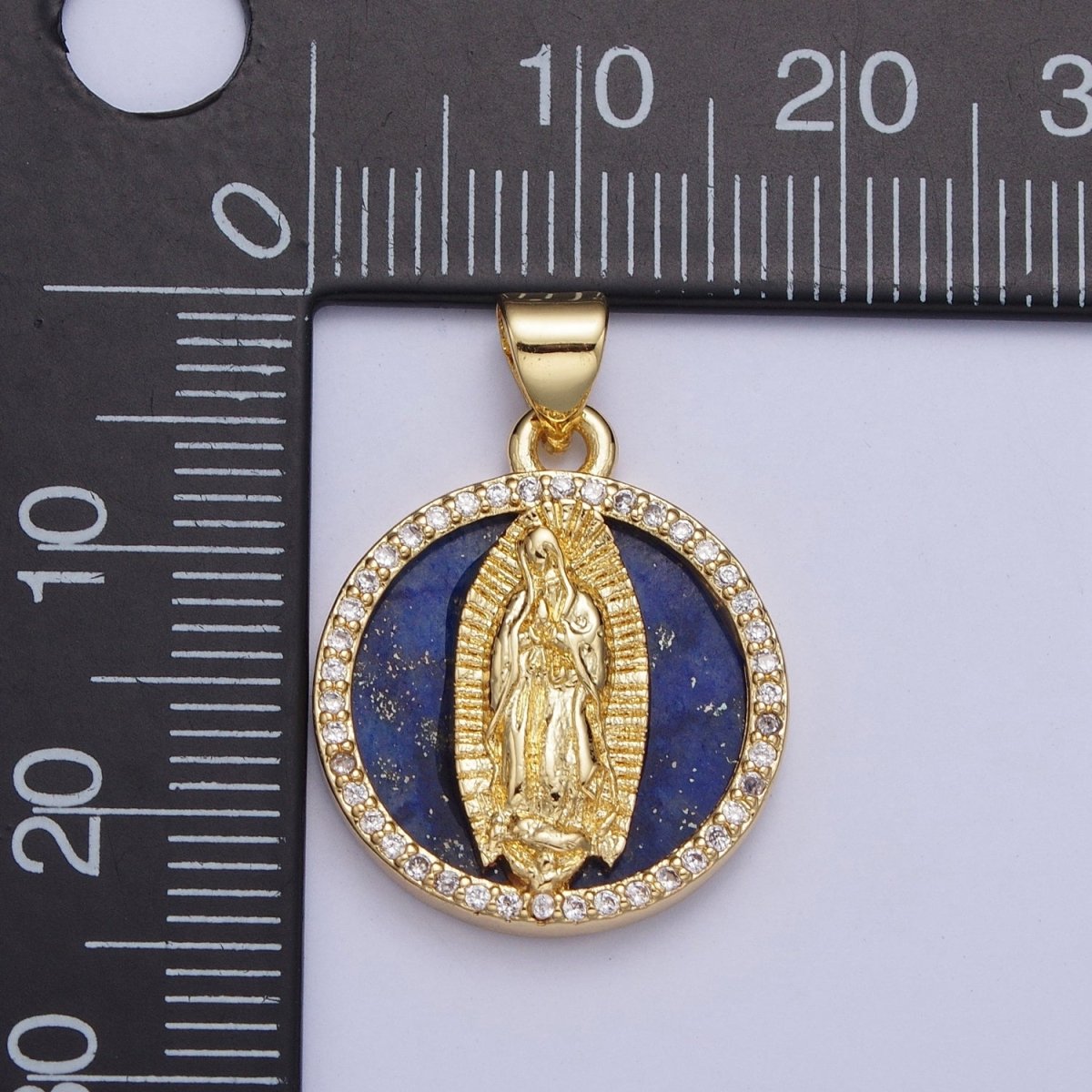24K Gold Filled Blue Lapiz Lady Guadalupe Medallion, Micro Pave Religious Virgin Mother Mary Round Charm For Jewelry Making X-430 - DLUXCA
