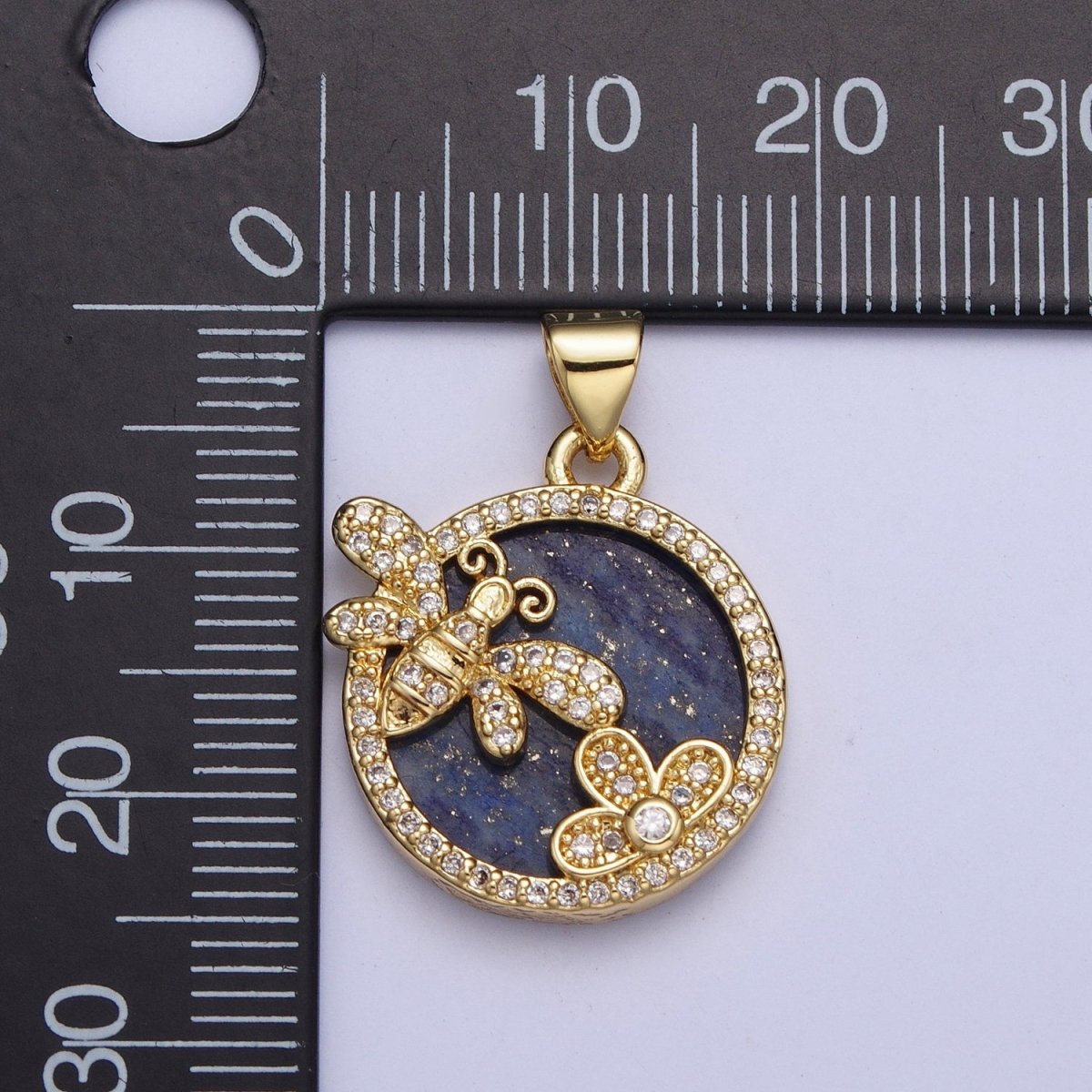 24K Gold Filled Blue Lapiz Micro Pave CZ Insect Bee & Flower Round Pendant Medallion X-433 - DLUXCA