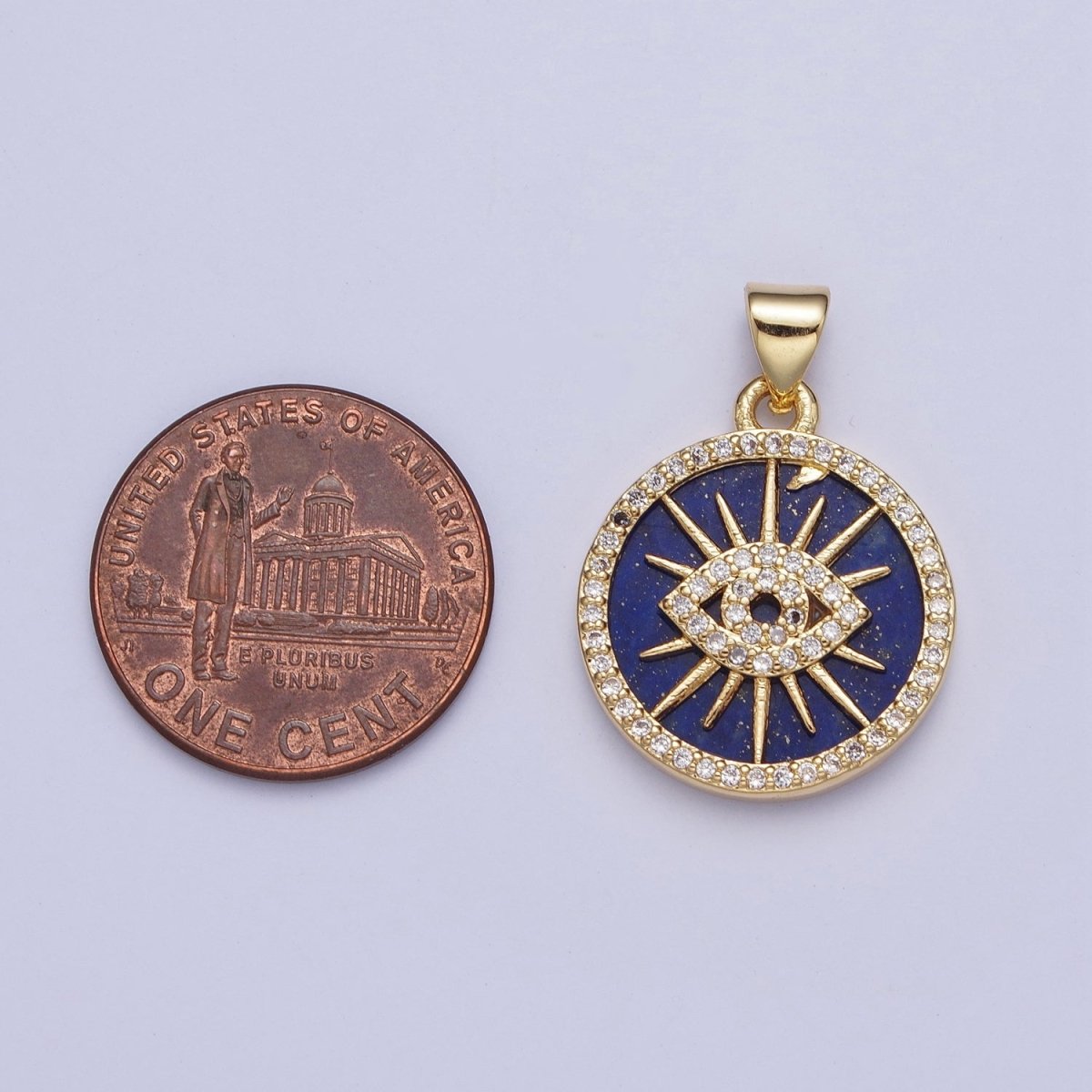 24K Gold Filled Blue Lapiz Sunray Evil Eye Round Medallion Pendant, Micro Pave Protection Pendant For Jewelry Making X-425 - DLUXCA