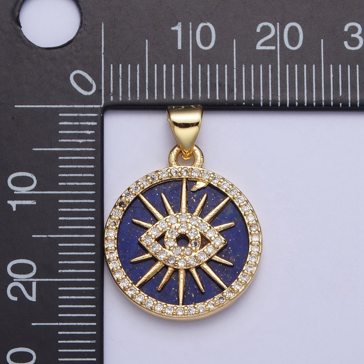 24K Gold Filled Blue Lapiz Sunray Evil Eye Round Medallion Pendant, Micro Pave Protection Pendant For Jewelry Making X-425 - DLUXCA