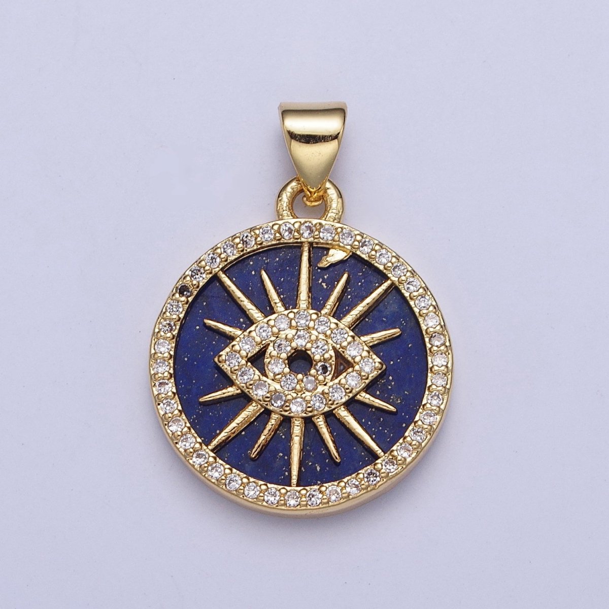 24K Gold Filled Blue Lapiz Sunray Evil Eye Round Medallion Pendant, Micro Pave Protection Pendant For Jewelry Making X-425 - DLUXCA