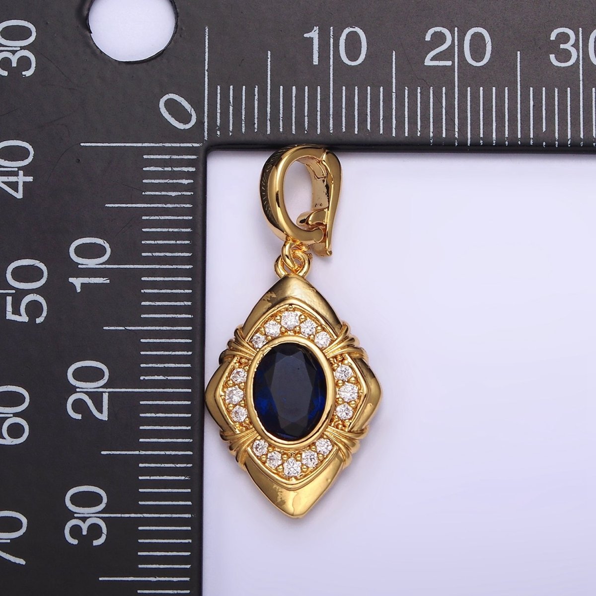 24K Gold Filled Blue Oval CZ Micro Paved CZ Tied Rhombus Interchangeable Snap Bail Pendant | AA568 - DLUXCA