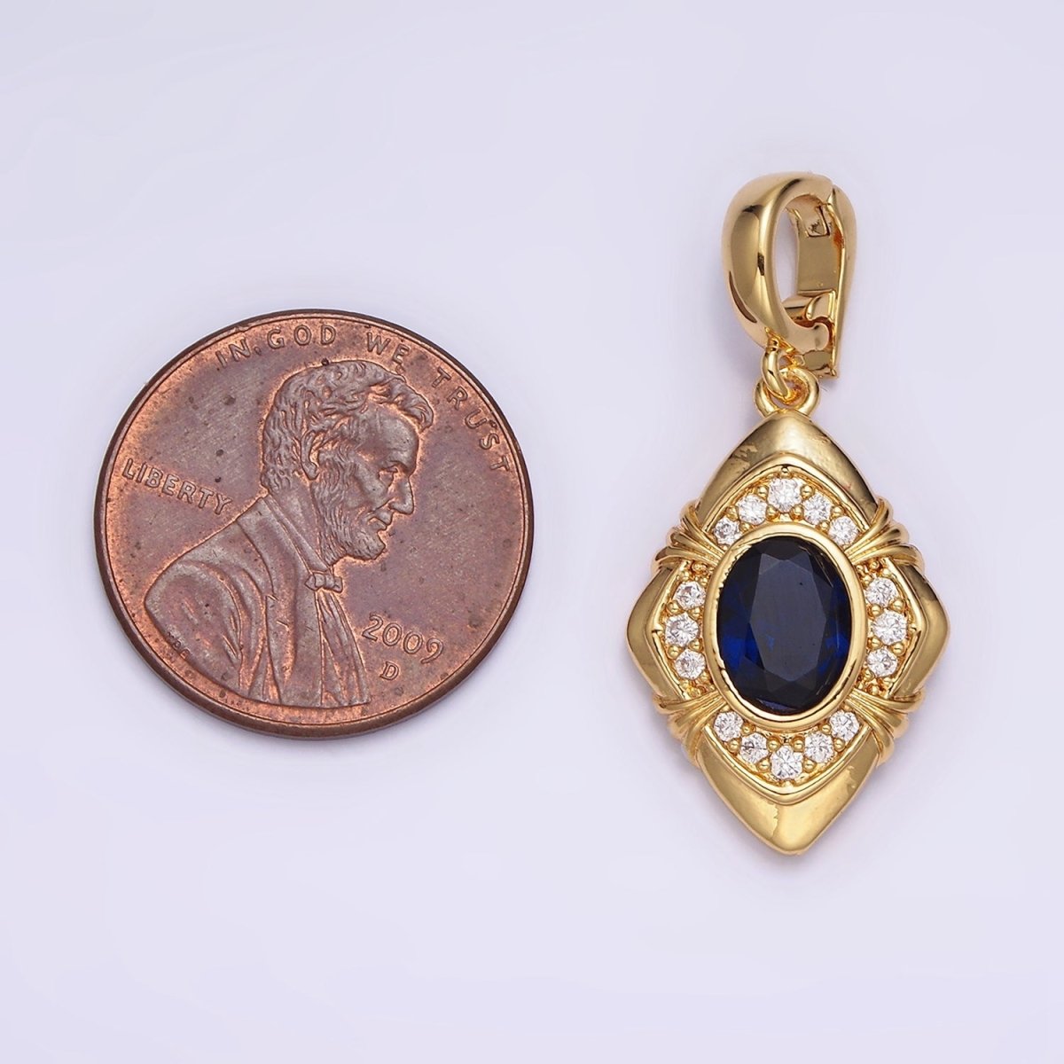 24K Gold Filled Blue Oval CZ Micro Paved CZ Tied Rhombus Interchangeable Snap Bail Pendant | AA568 - DLUXCA