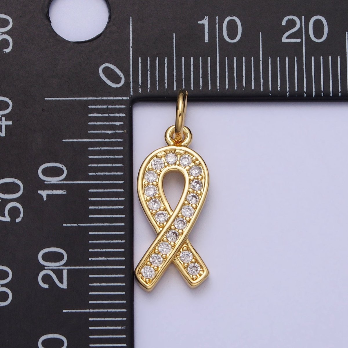 24K Gold Filled Breast Cancer Awareness Ribbon Micro Paved CZ Add-On Charm | AC-368 - DLUXCA