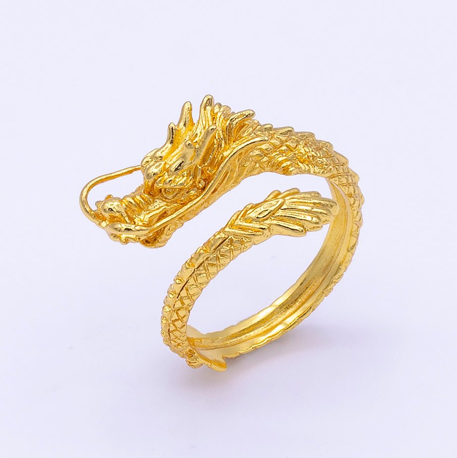 24K Gold Filled Bright Korean Chinese Scaled Dragon Adjustable Ring O-836 - DLUXCA