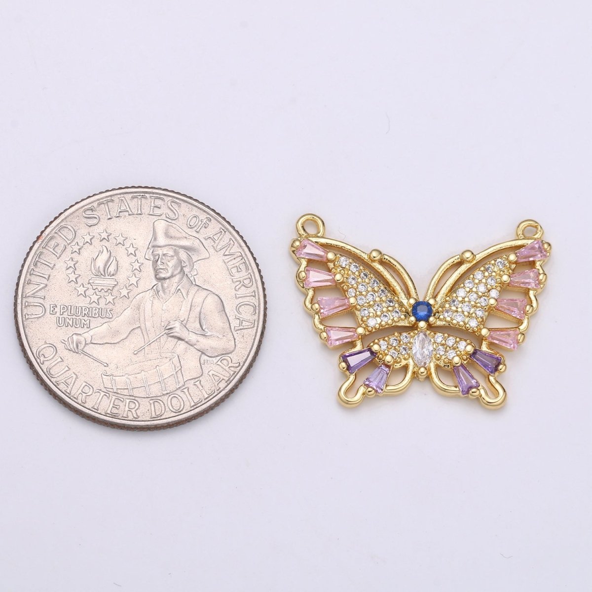 24K Gold Filled Butterfly Charm Connector Pink Mariposa Butterfly Charm Micro Pave CZ Butterfly Charm Cubic Pendant for Necklace Component F-555 - DLUXCA