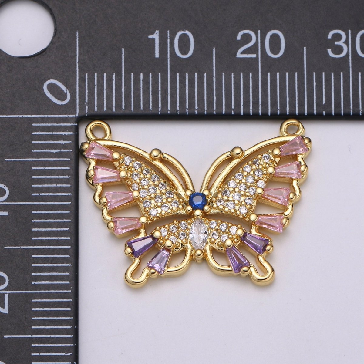 24K Gold Filled Butterfly Charm Connector Pink Mariposa Butterfly Charm Micro Pave CZ Butterfly Charm Cubic Pendant for Necklace Component F-555 - DLUXCA