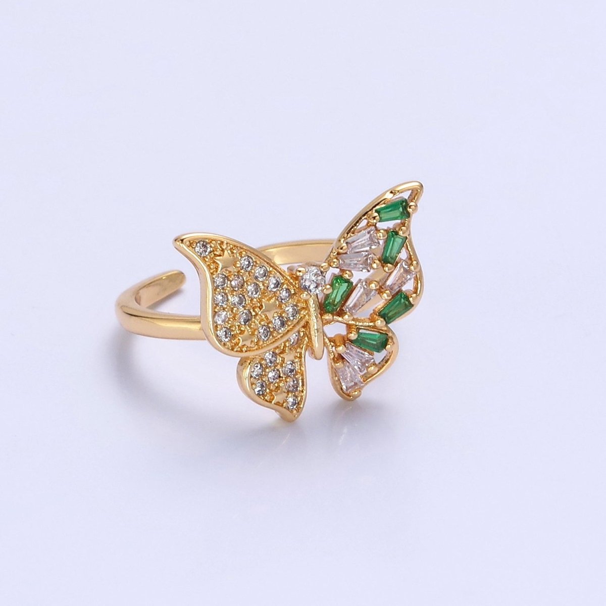 24K Gold Filled Butterfly Cubic Zirconia Ring, Half Micro Pave Half Baguette Mariposa Wings Ring O-2292 - DLUXCA