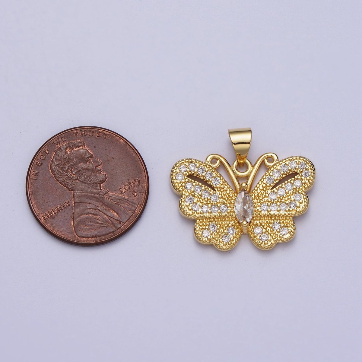 24K Gold Filled Butterfly Mariposa Micro Paved Marquise CZ Pendant H-323 - DLUXCA