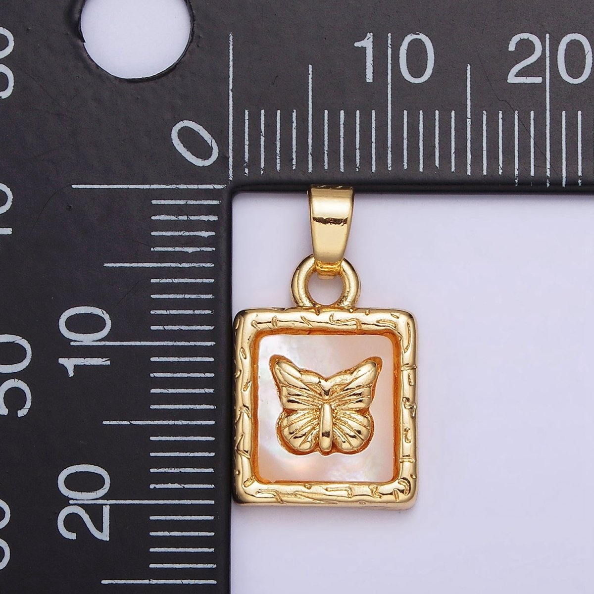 24K Gold Filled Butterfly Mariposa Shell Pearl Line-Textured Square Pendant | AA594 - DLUXCA