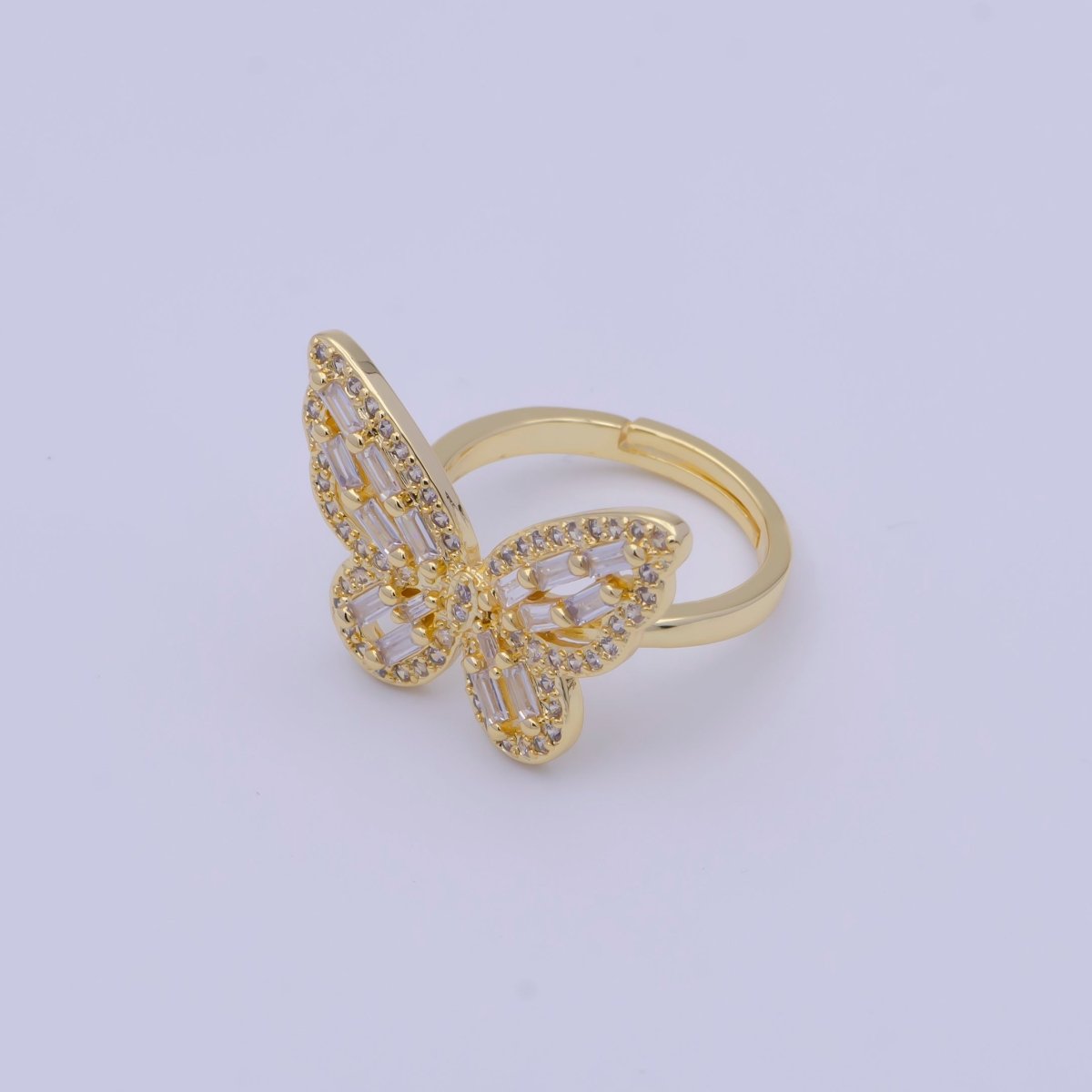24K Gold Filled Butterfly Ring Clear Baguette Mariposa Ring Adjustable Ring X-613 - DLUXCA