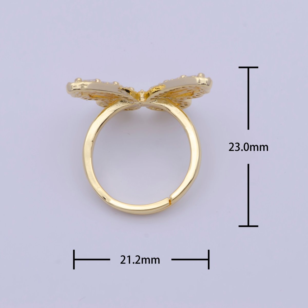 24K Gold Filled Butterfly Ring Clear Baguette Mariposa Ring Adjustable Ring X-613 - DLUXCA